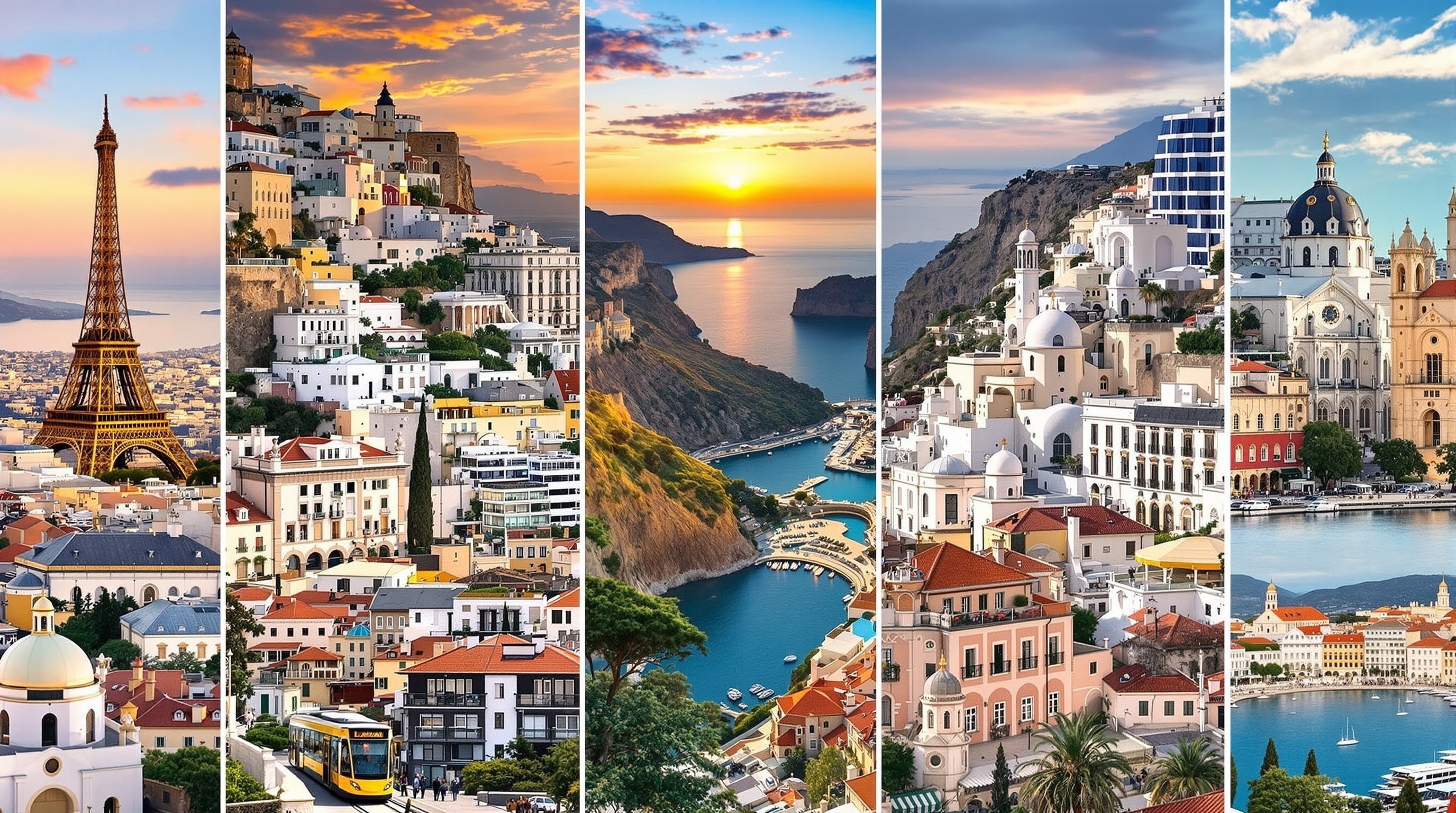 Collage of Europe's elite destinations showing iconic landmarks and luxury travel scenes