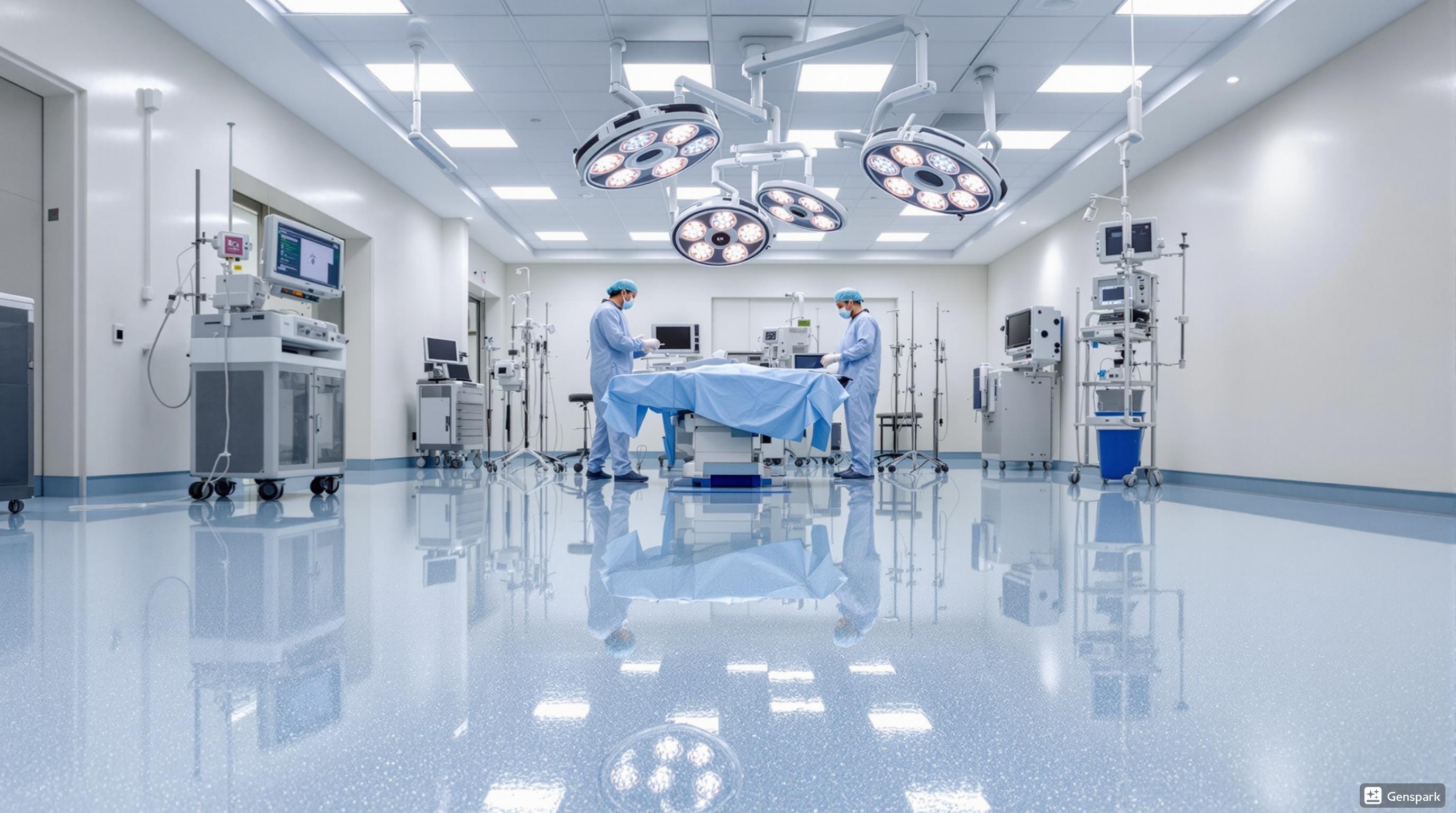 Medical-grade epoxy flooring in Dubai hospital operating theater with seamless antimicrobial surface