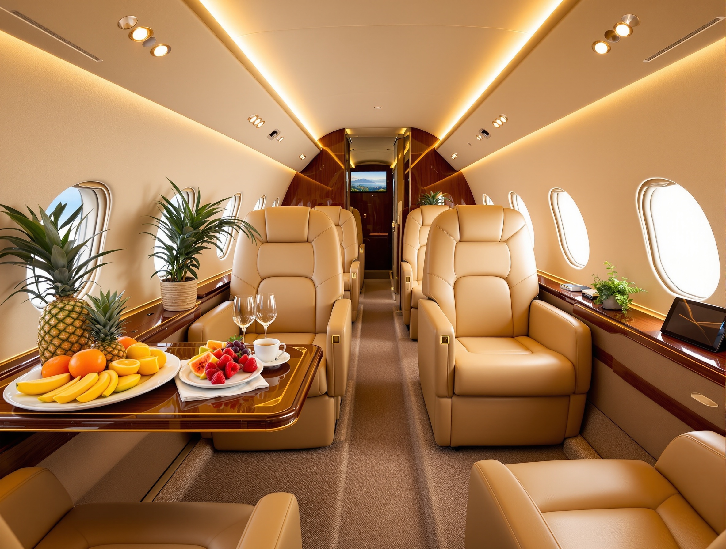 Premium private jet interior with tropical amenities and luxury seating