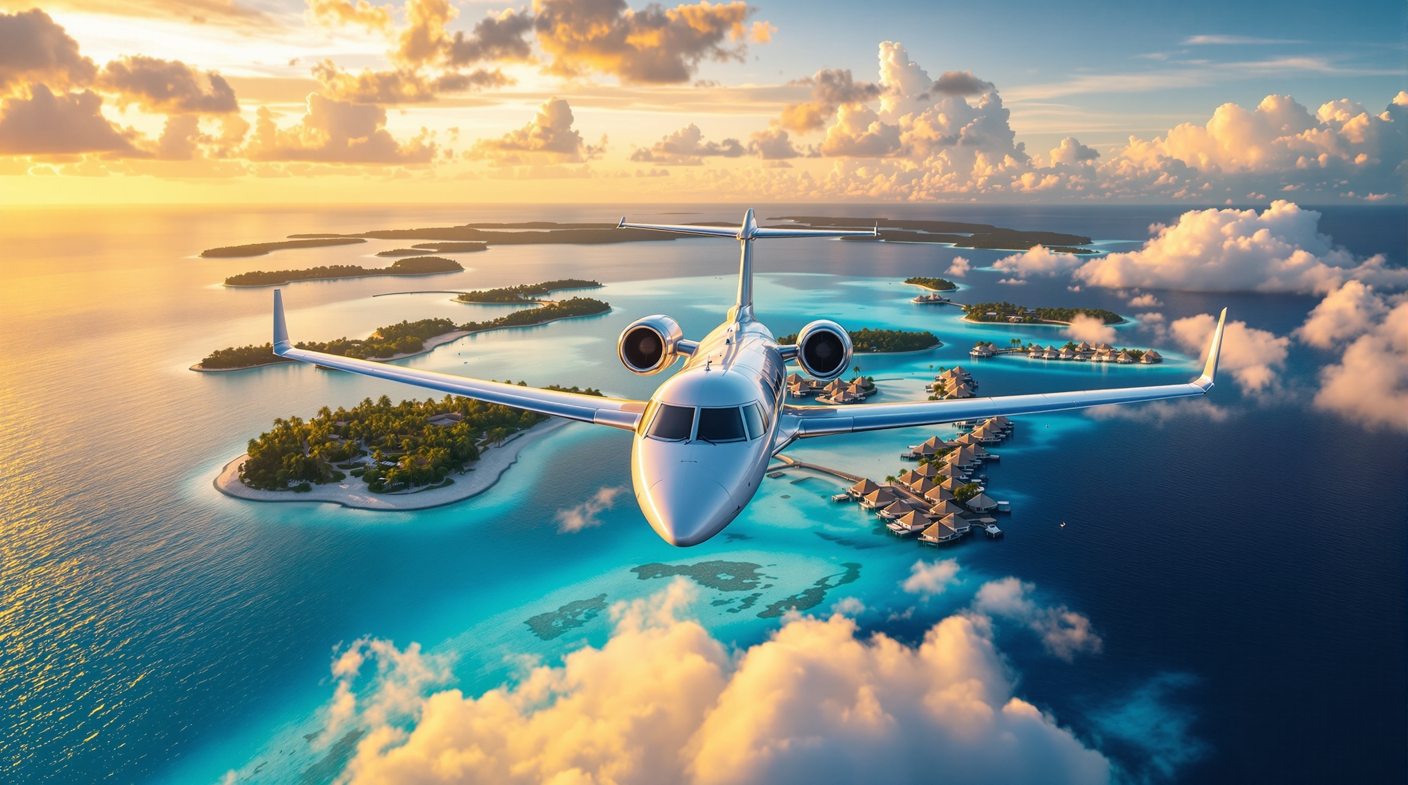 Luxury private jet flying over tropical islands and turquoise waters