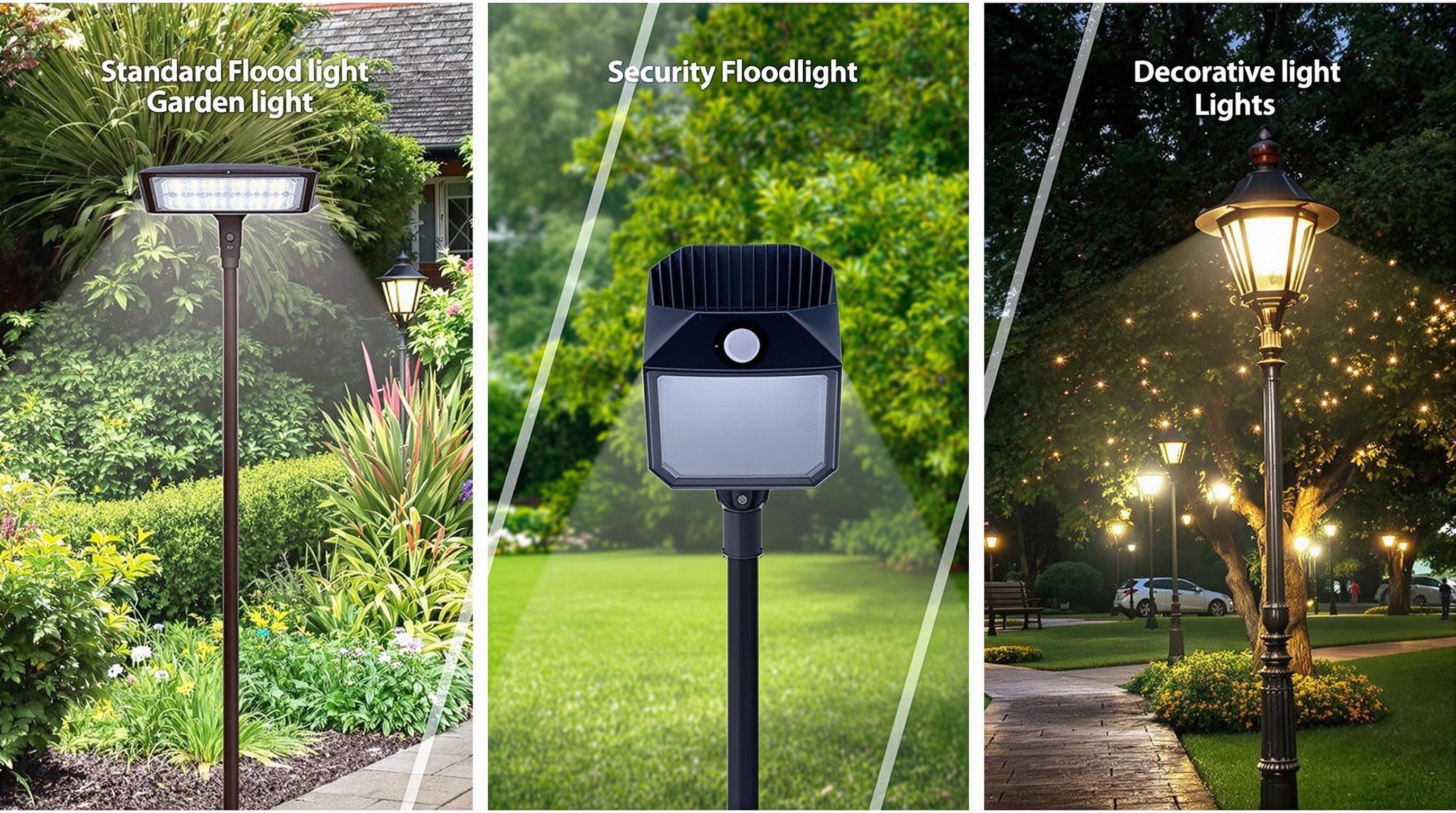 An image showing three types of lamps: a standard floodlight for garden illumination, a security floodlight with a sensor, and decorative lights in a park.