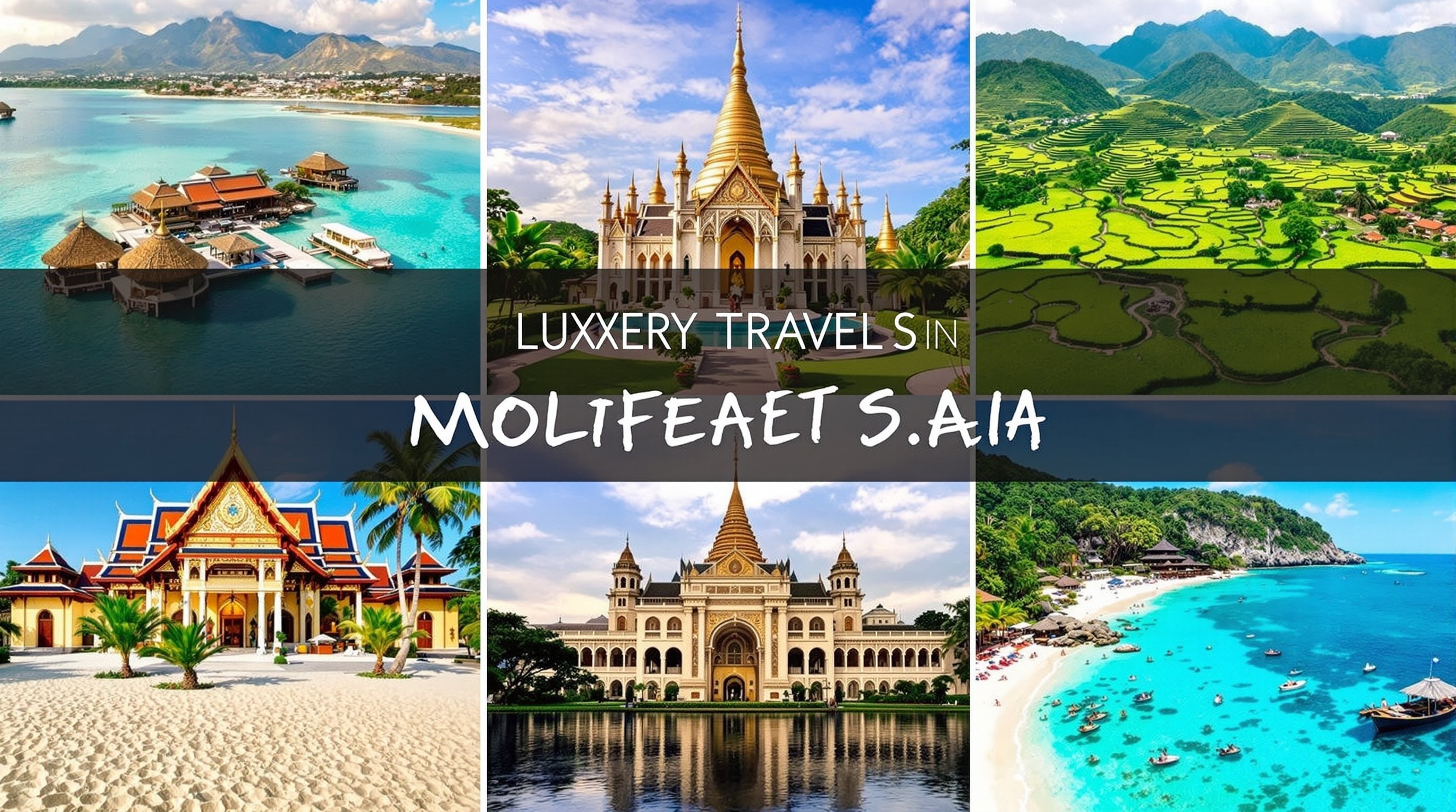 Montage of Southeast Asia destinations showing overwater villas, temples, and tropical landscapes
