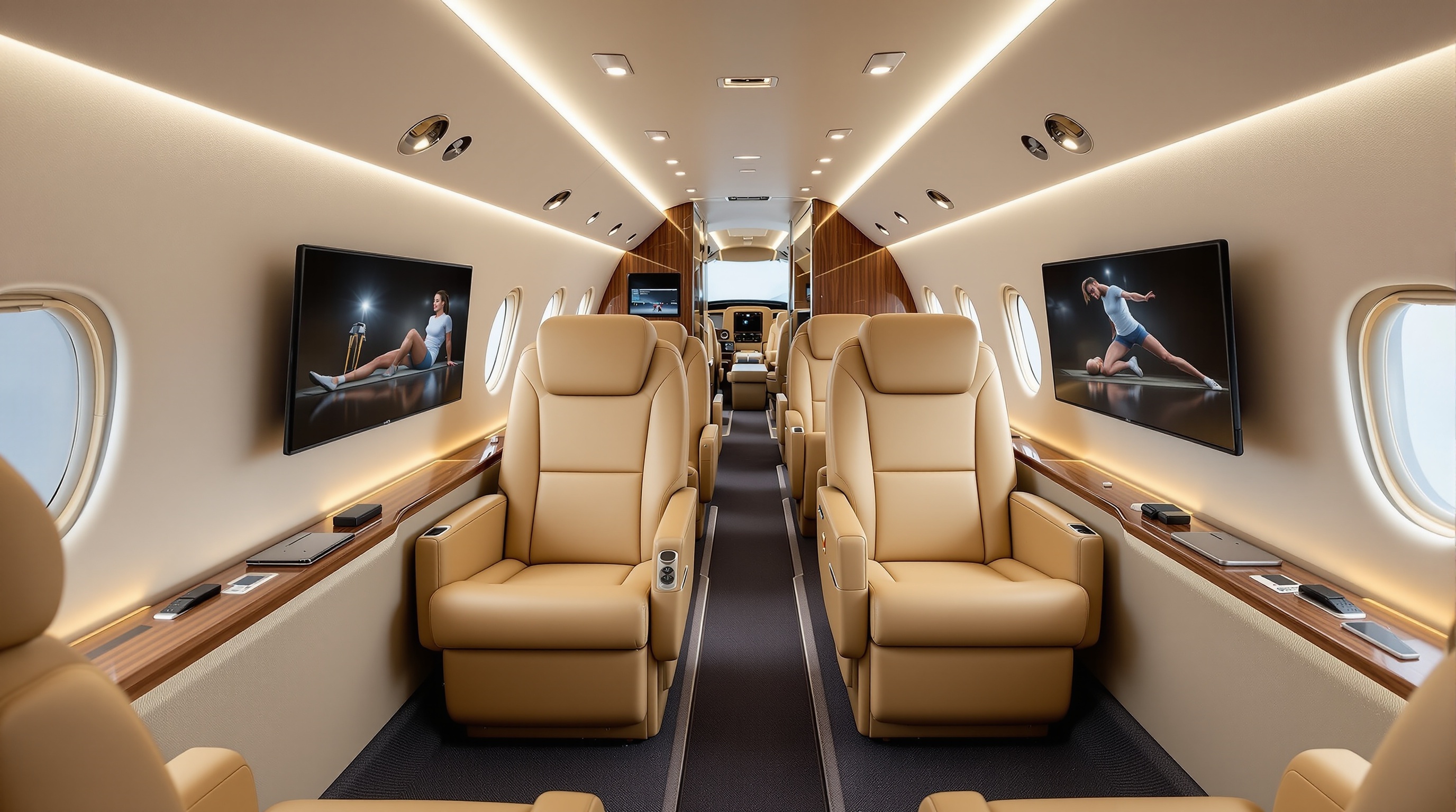 Private jet cabin designed for athlete recovery and performance