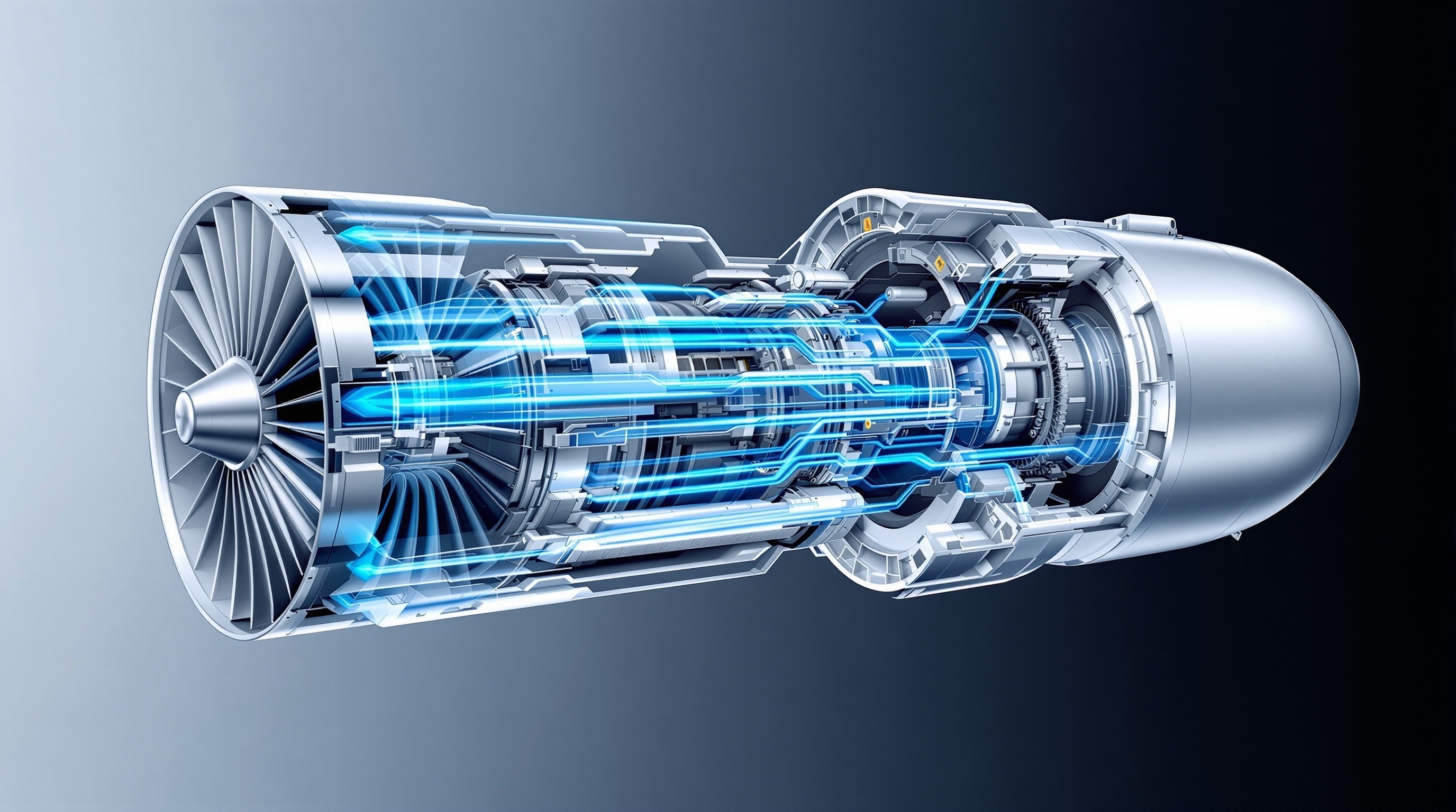 High-bypass turbofan engine cutaway showing compressor stages