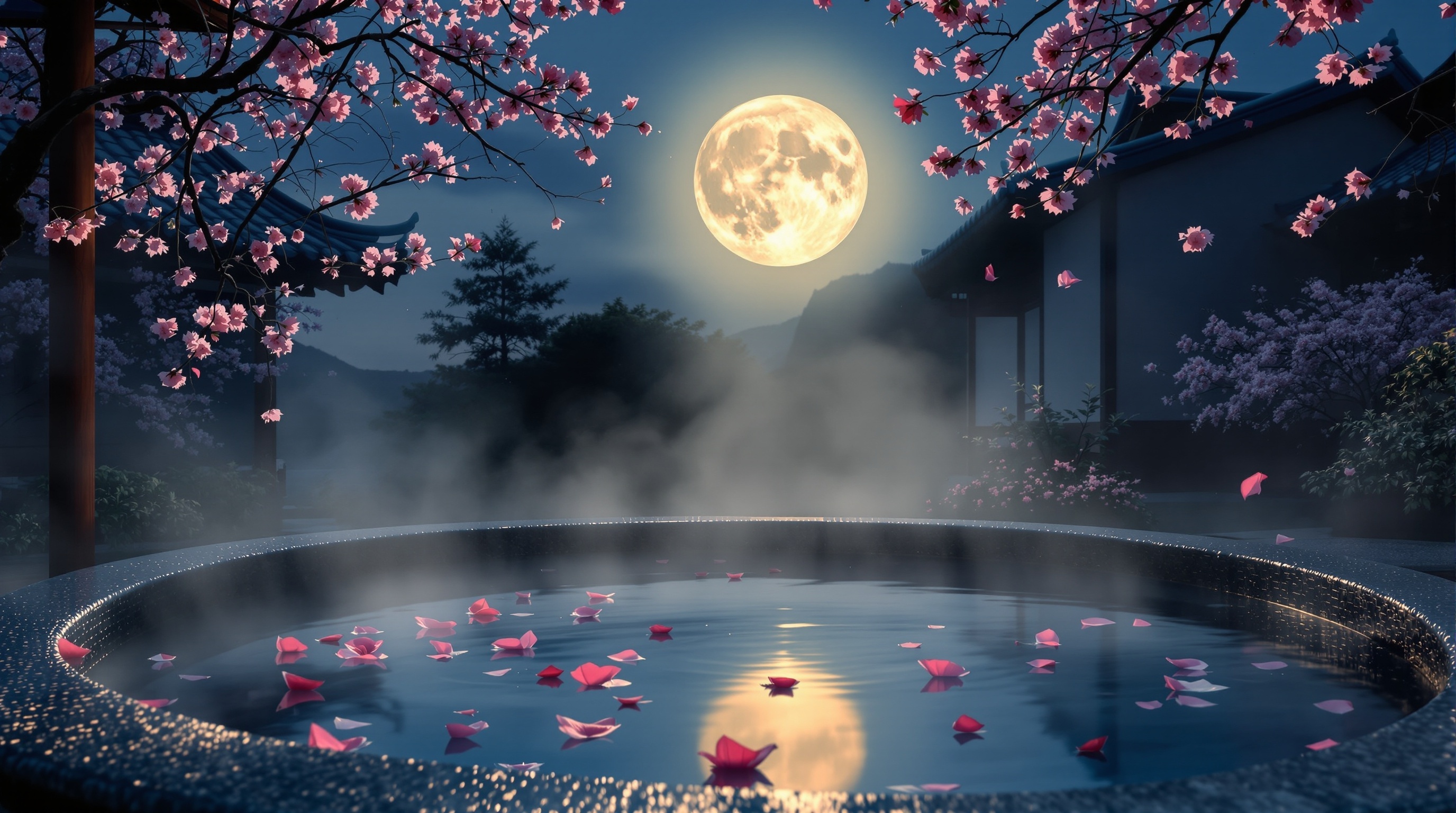 満月が昇る露天風呂の美しい光景