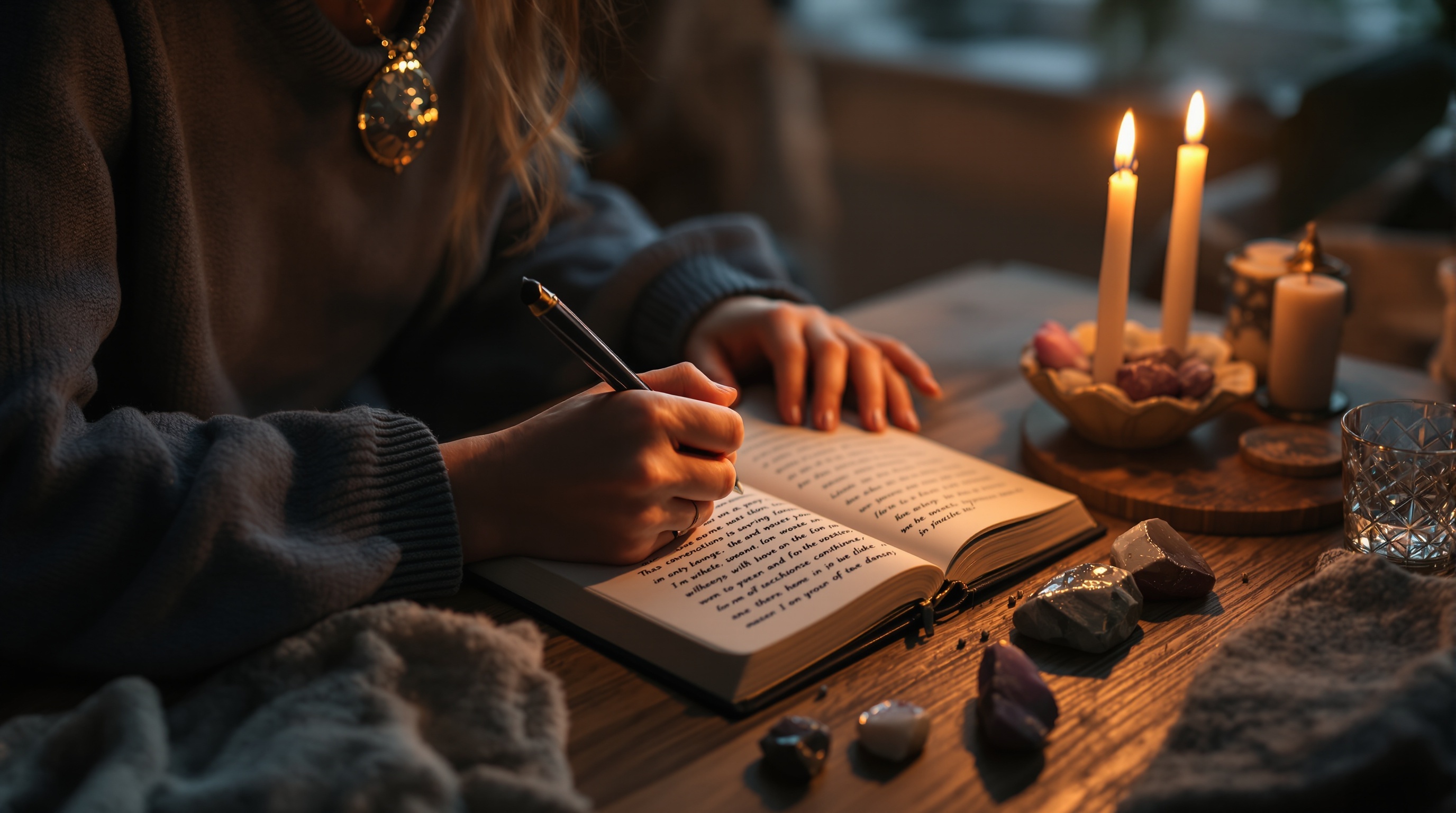 キャンドルの光で願い事を書く女性
