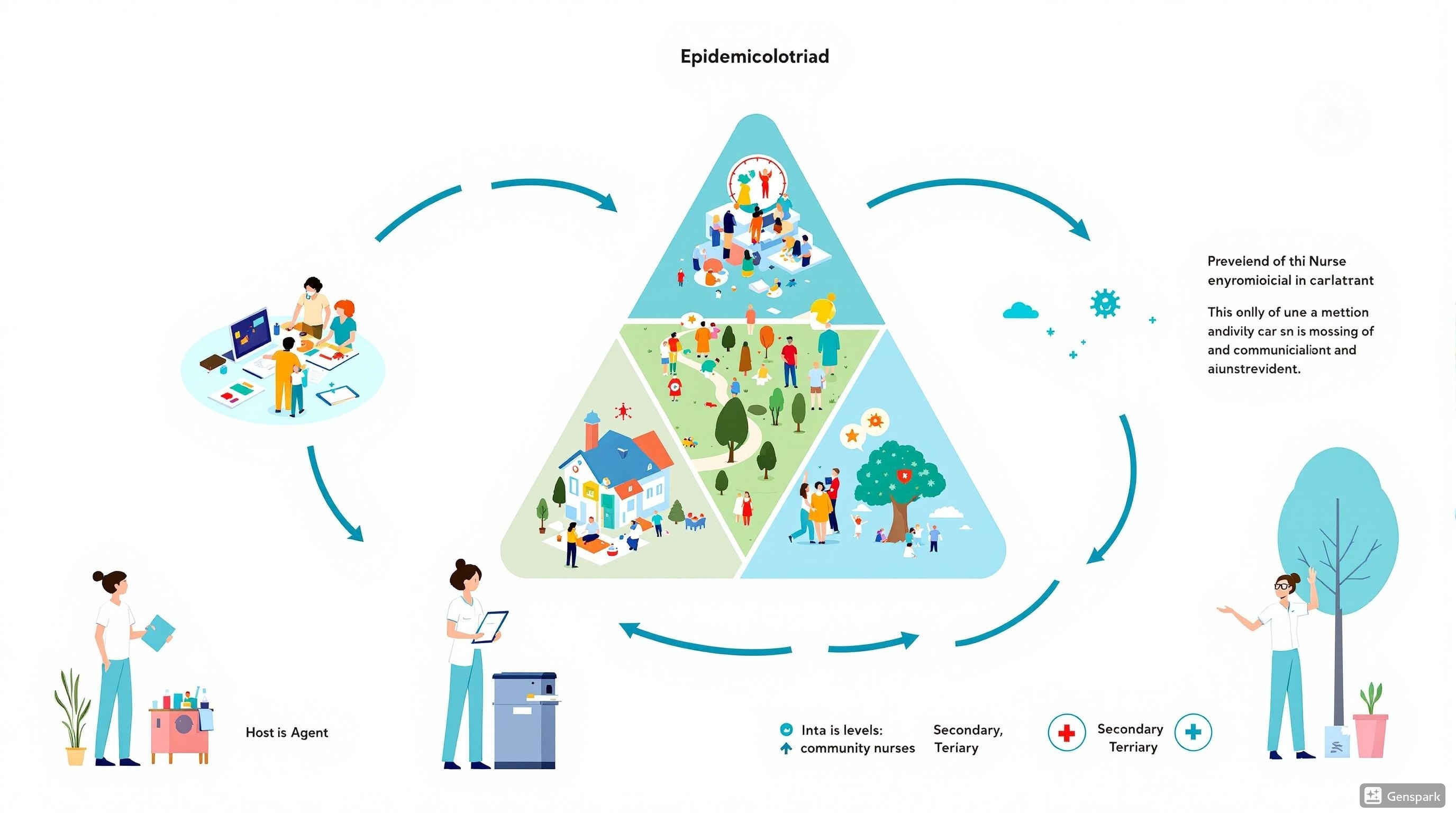 The epidemiological triad showing host, agent, environment interactions with nurses implementing different levels of prevention