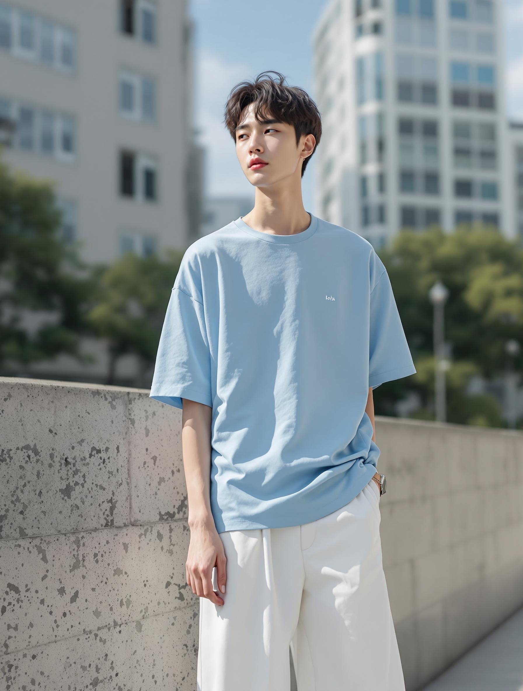 하늘색 티셔츠와 화이트 와이드 팬츠를 입은 한국 남성 모델