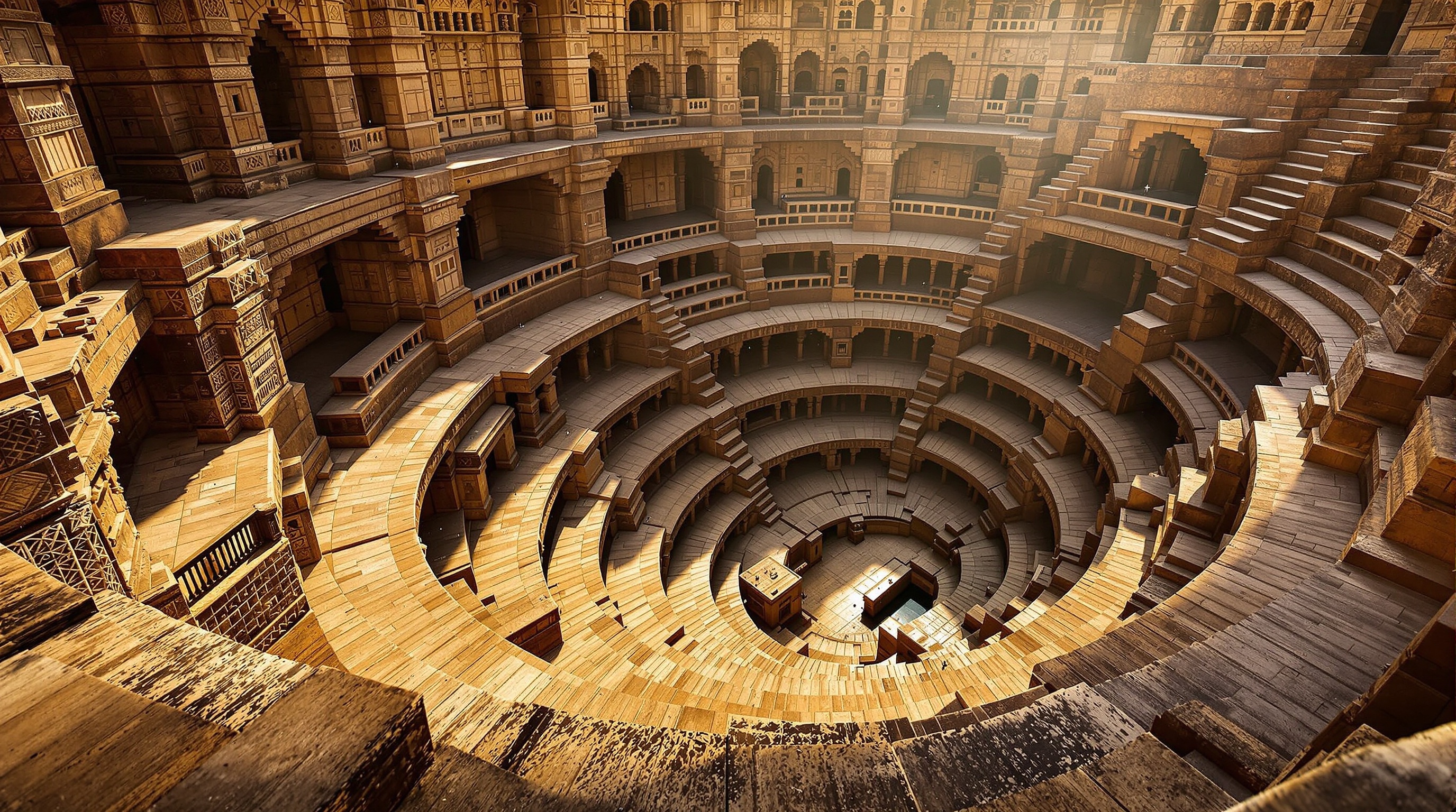 Ancient stepwell architecture showcasing intricate geometric patterns and stone carvings