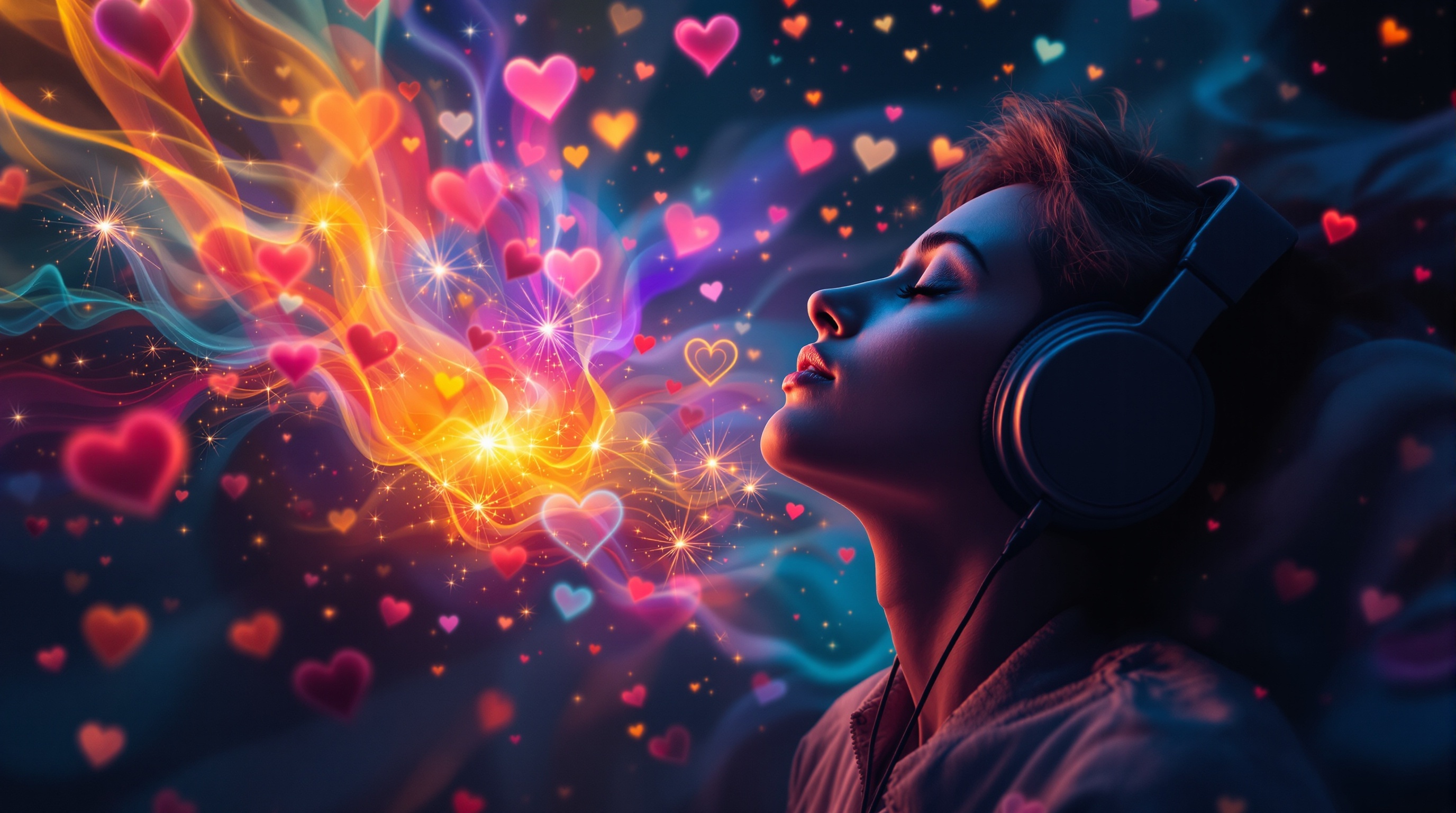Person experiencing music emotionally with headphones surrounded by abstract colorful emotional imagery
