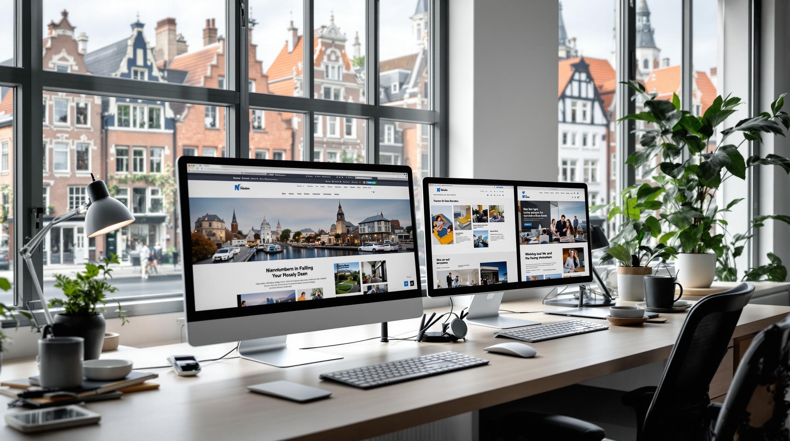 Professionelles Webdesign-Büro in Nienburg mit modernen Computerbildschirmen und typischer lokaler Architektur