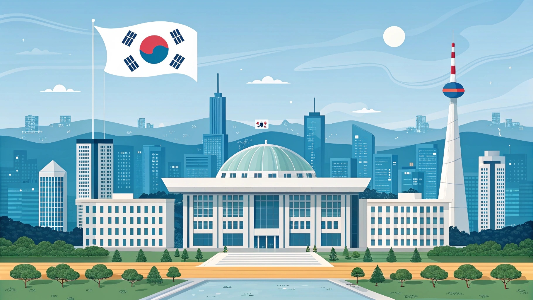 2025년 4월 이후 한국 정치의 미래, 국회의사당과 세종시 행정수도 배경의 미래지향적 이미지