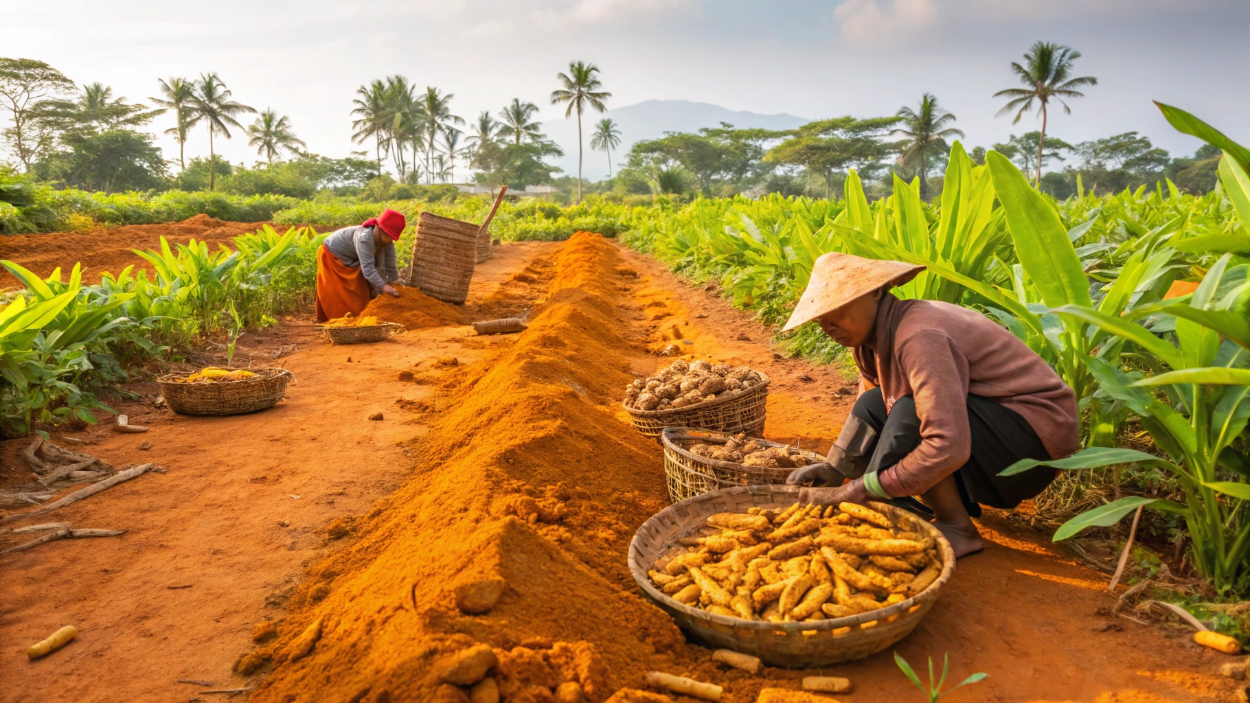 Turmeric farming scene with farmers harvesting