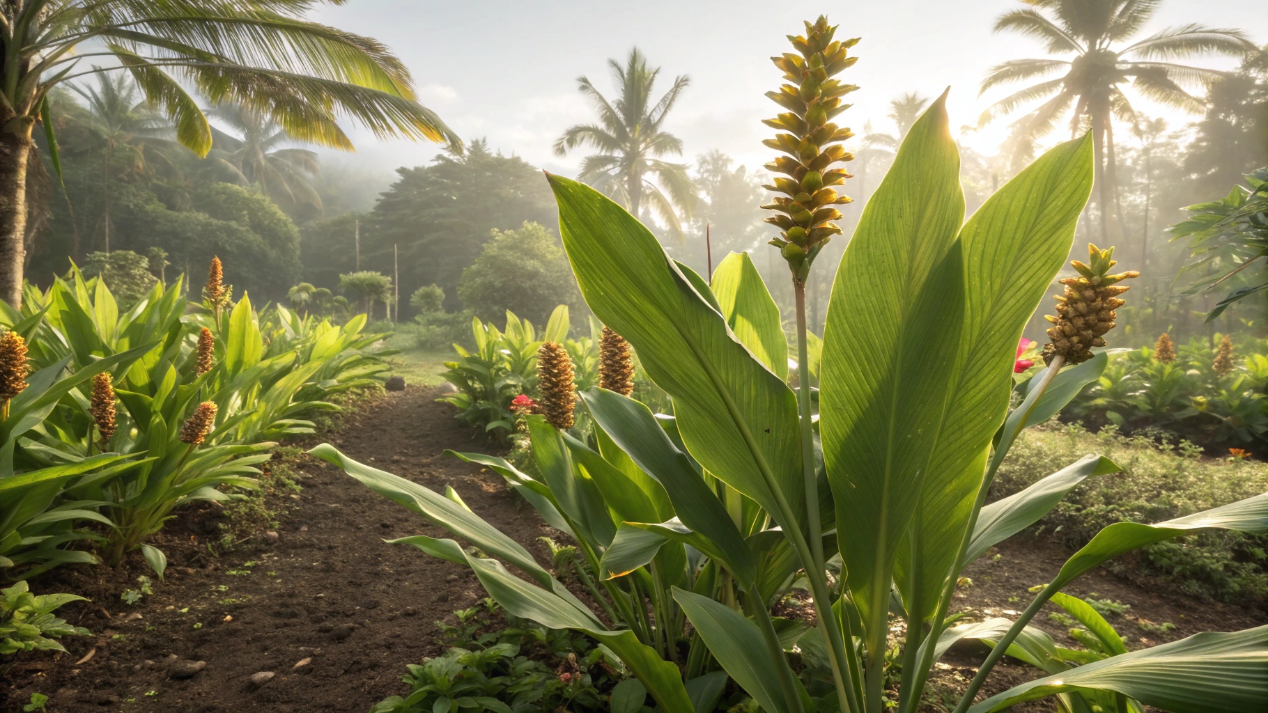Turmeric plant growing in tropical garden with sunlight filtering through leaves