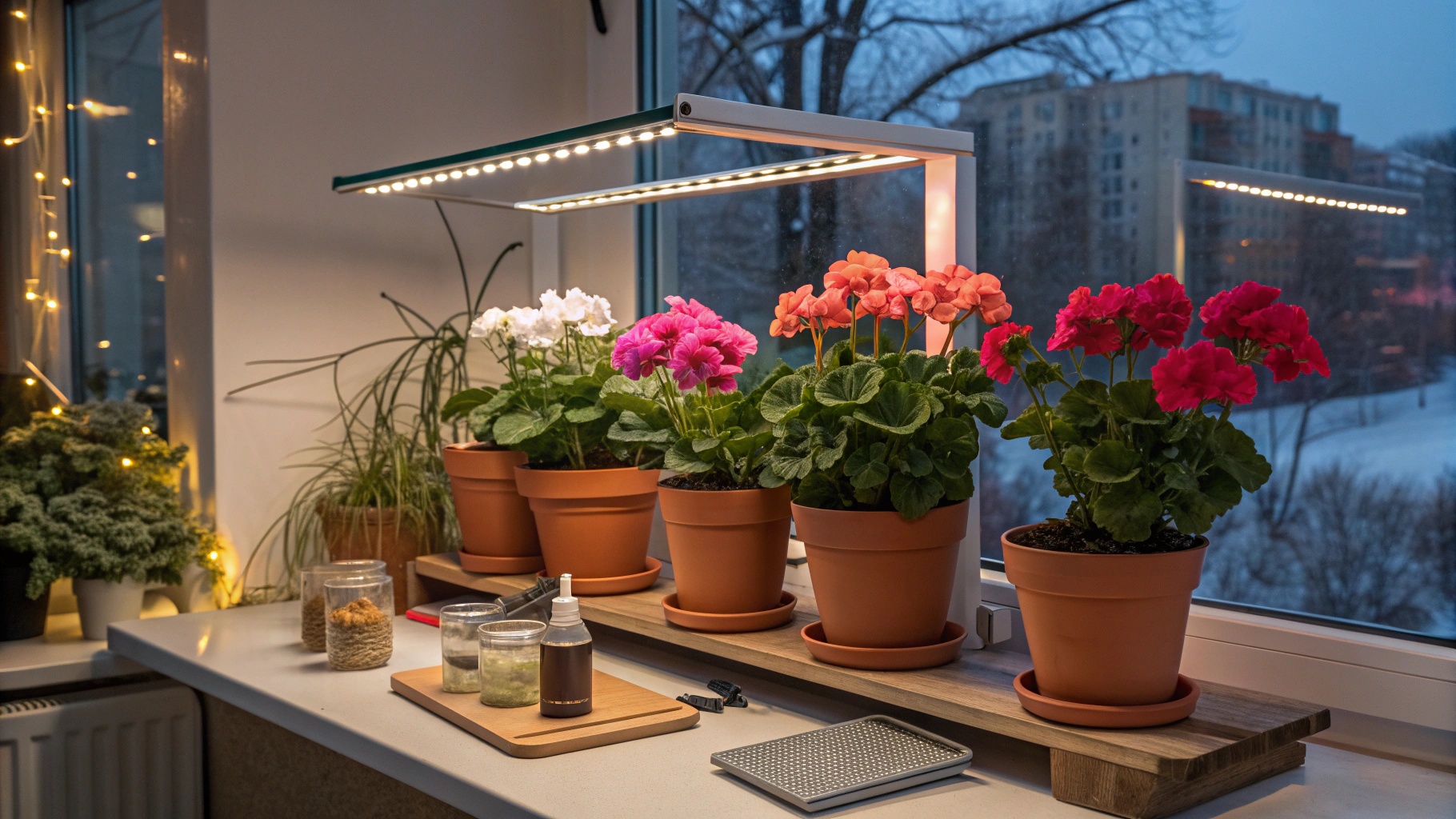 Колекція пеларгоній на полиці з фітосвітильником