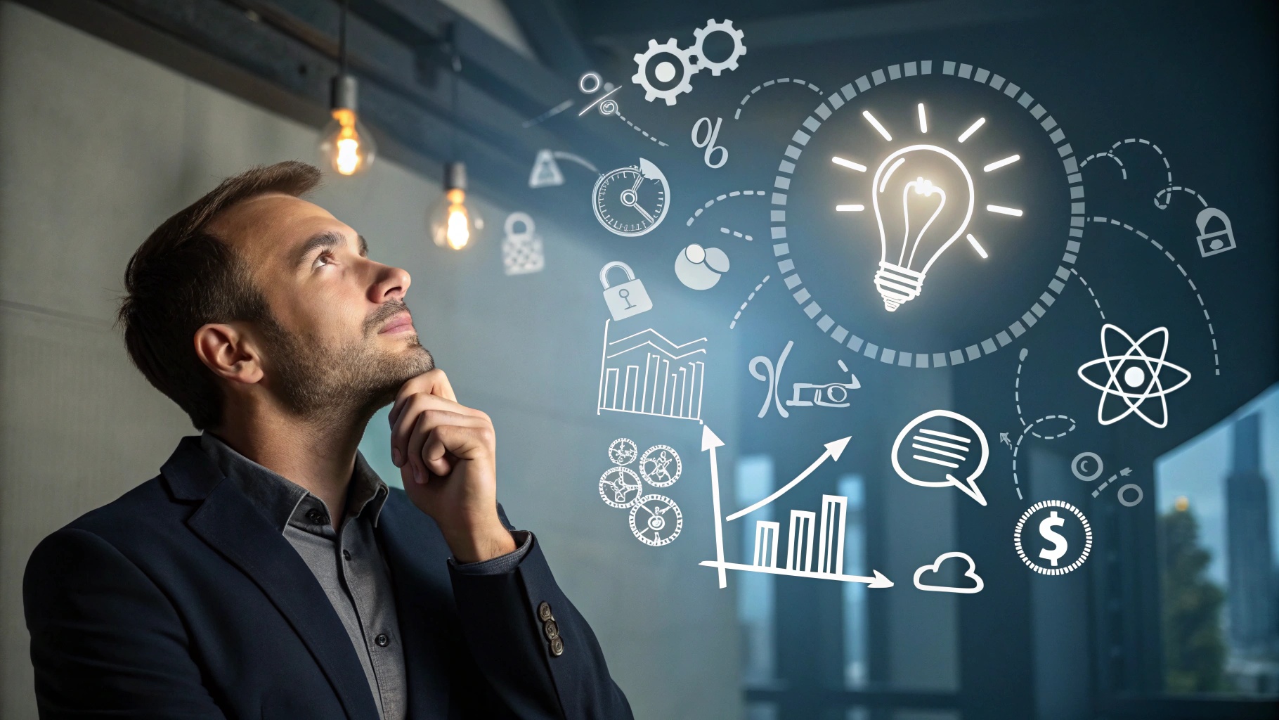 An ultra-realistic, highly detailed image capturing an entrepreneur in deep, reflective thought as they conceptualize a new business model. The entrepreneur is highlighted with perfect lighting that accentuates their focused expression. Surrounding them are various icons symbolizing opportunities and challenges, forming a dynamic background that suggests innovation and creativity. The atmosphere combines intensity and determination, with visual elements representing strategic thinking and potential pathways in a high-resolution setting.
