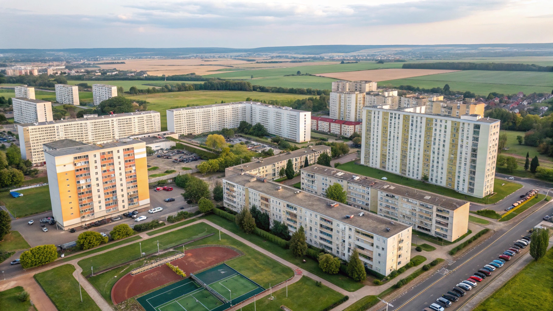 Vue aérienne d'un ensemble de logements sociaux modernes