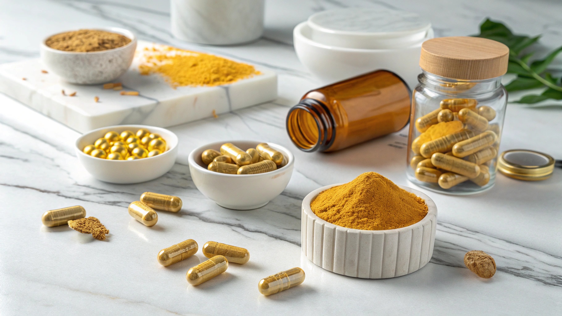 Turmeric capsules and supplements on white marble surface
