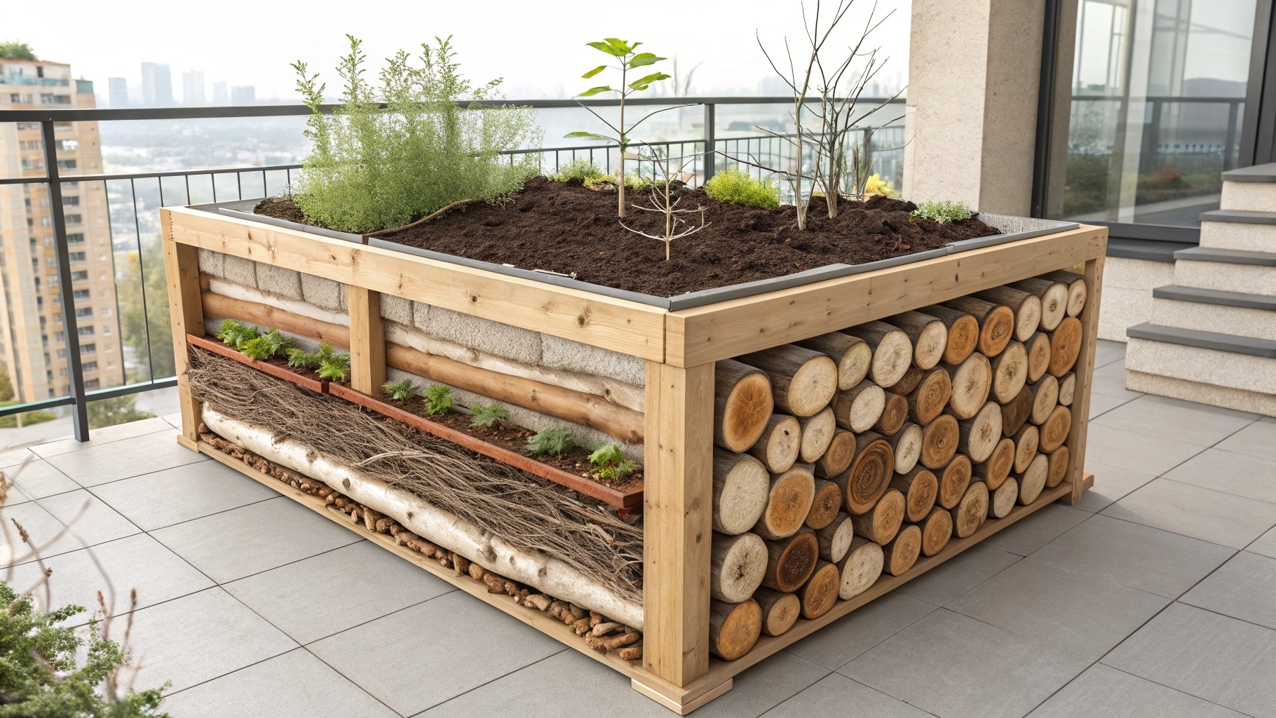 Coupe transversale d'un carré potager en méthode Hugelkultur