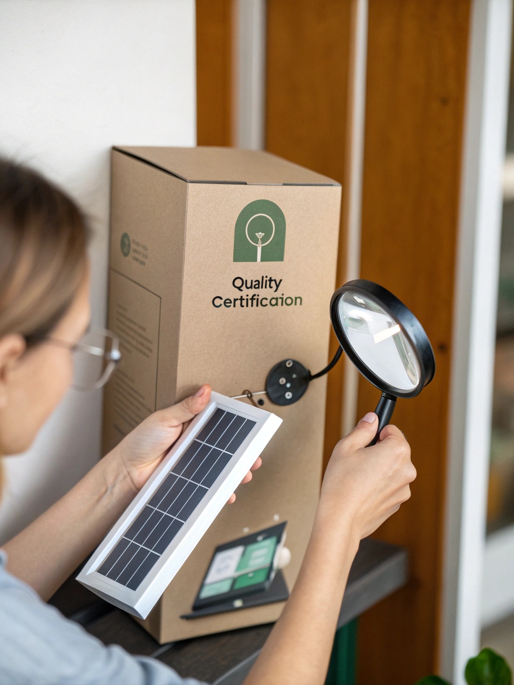 A person checking the quality certification on the box of a solar-powered LED lamp.