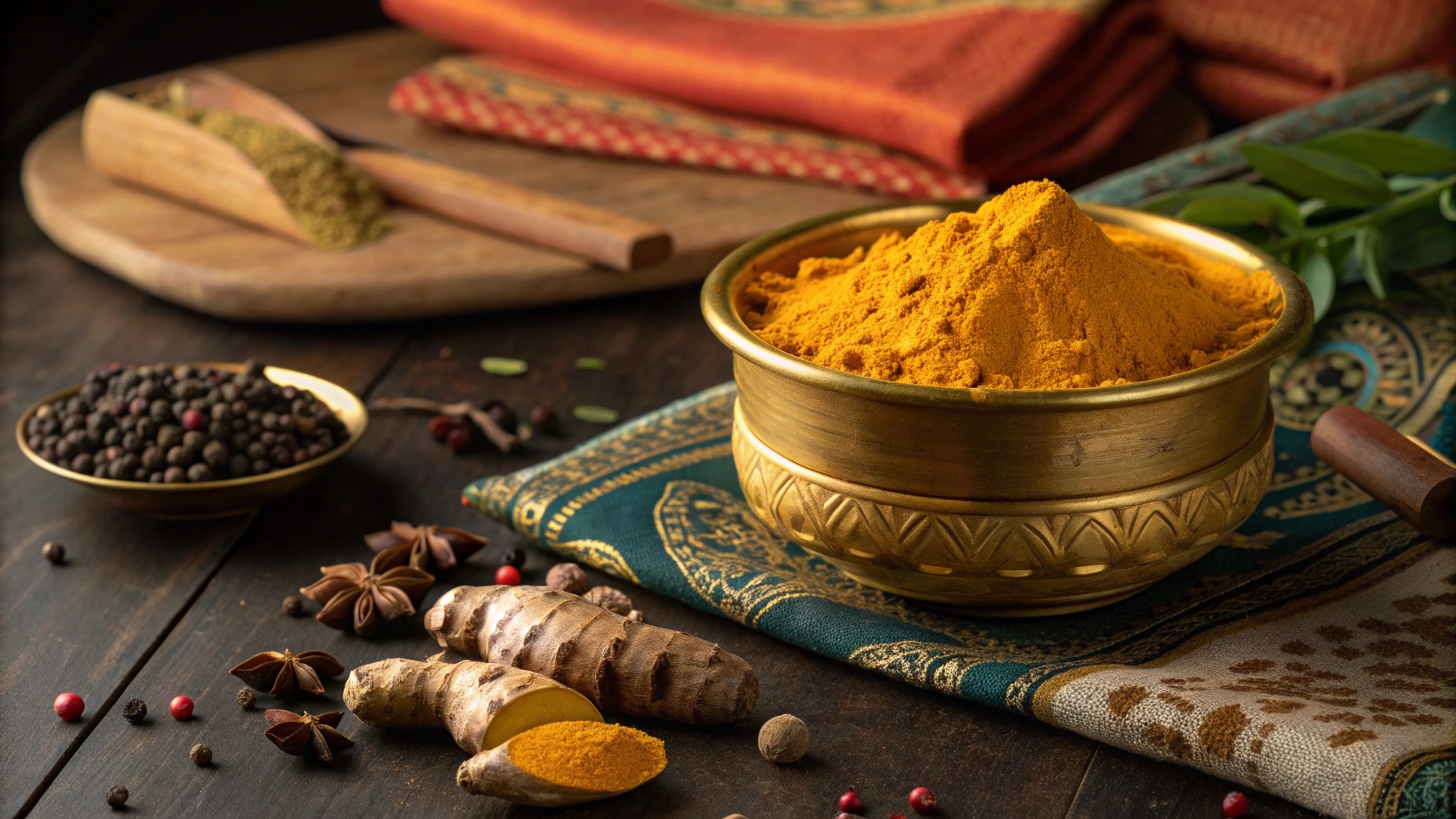 Traditional turmeric ingredients including powder, roots, black pepper, and ghee for golden milk preparation