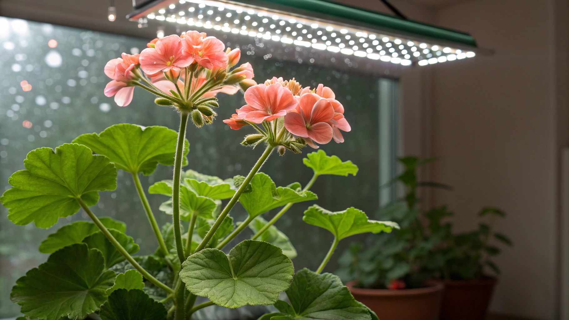 Здорова пеларгонія з пишним листям під фітолампою