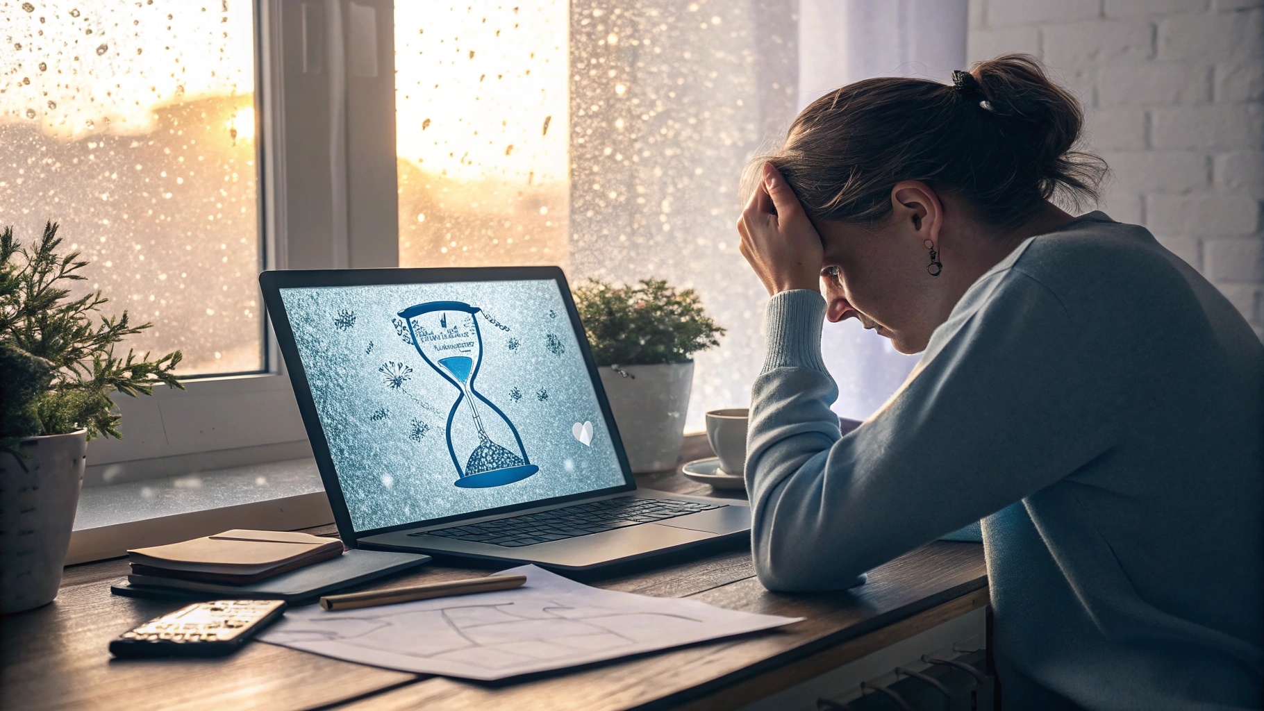 A frustrated person looking at a frozen Windows computer screen with an hourglass cursor, realistic style, soft lighting, showing a work environment