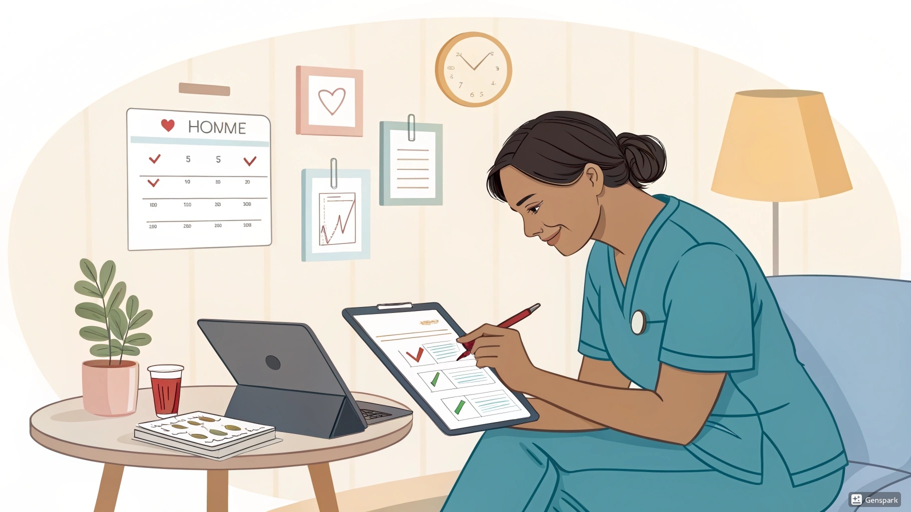 Community health nurse documenting patient records during a home visit