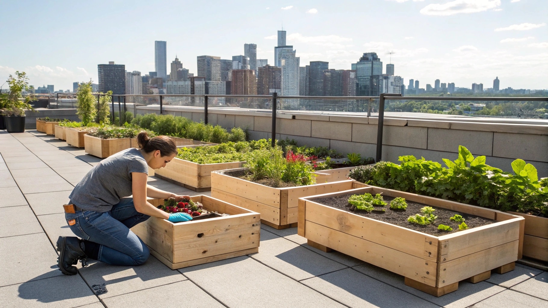 Jeune femme installant du carton au fond d'un carré potager sur un toit urbain