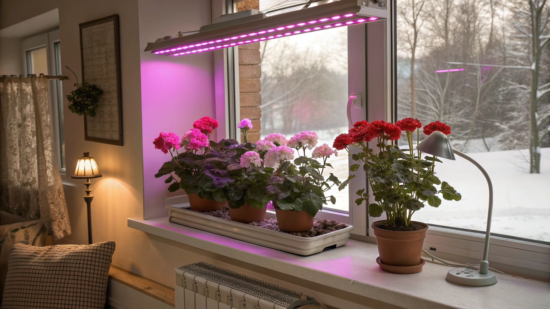 Квітуча пеларгонія під фітолампою взимку