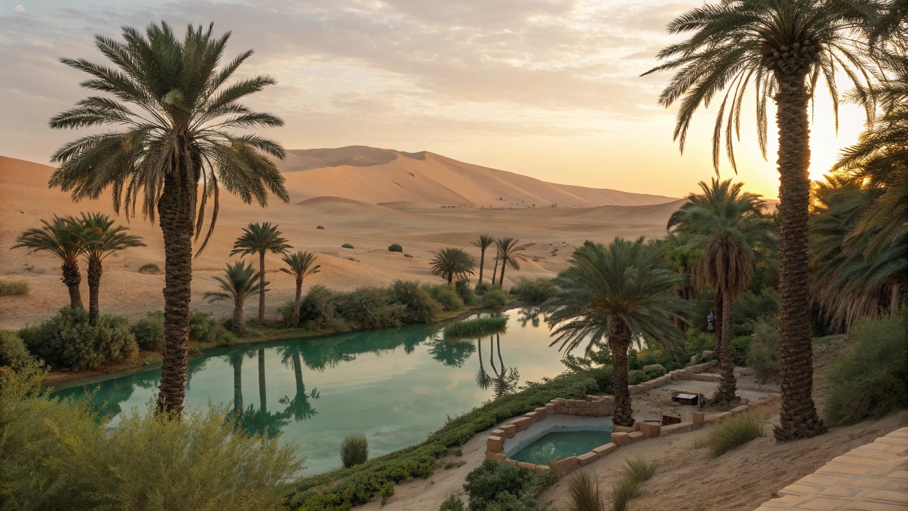 황량한 사막 속 푸른 오아시스
