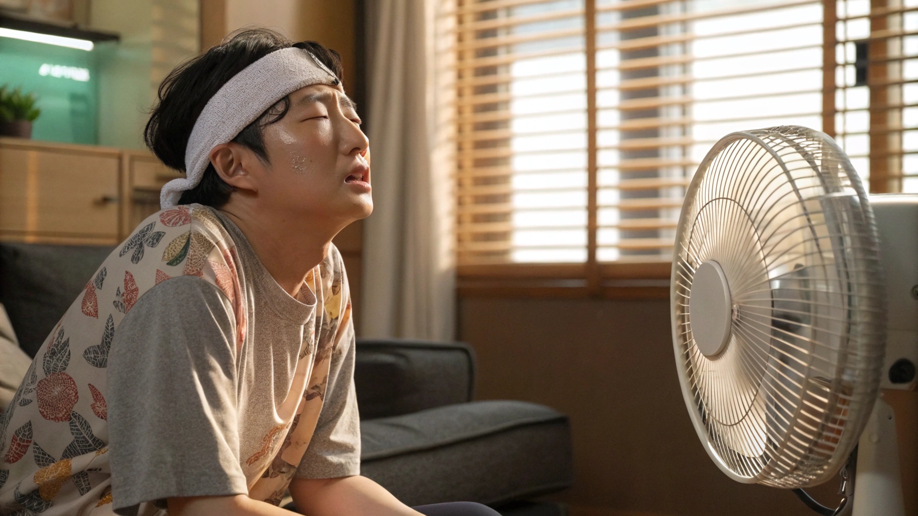 에어컨 점검을 미루다 여름철 고장으로 불편함을 겪는 모습