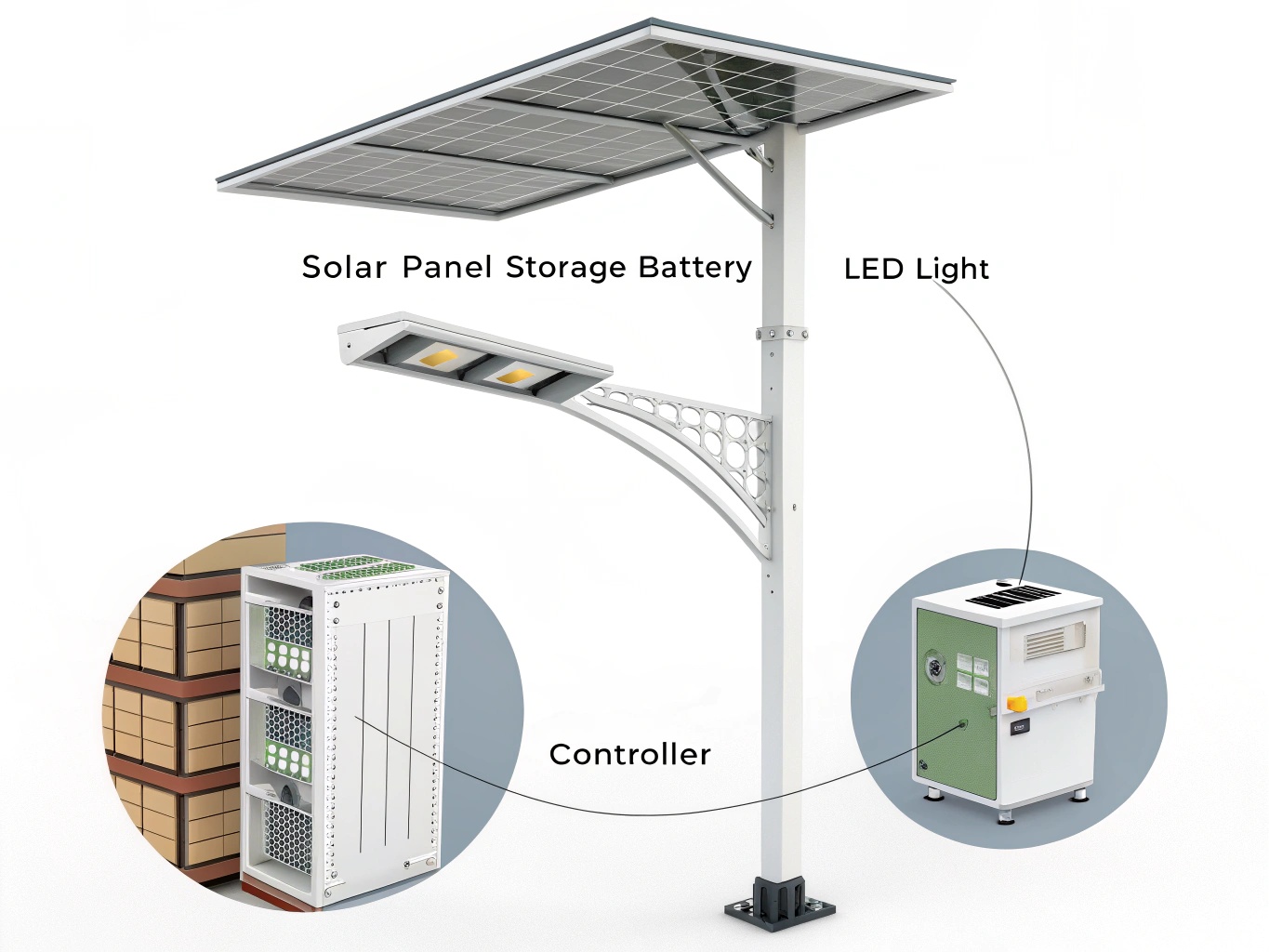 Diagram showing the structure of a solar-powered LED lamp with clearly labeled components: solar panel, storage battery, LED light, controller.