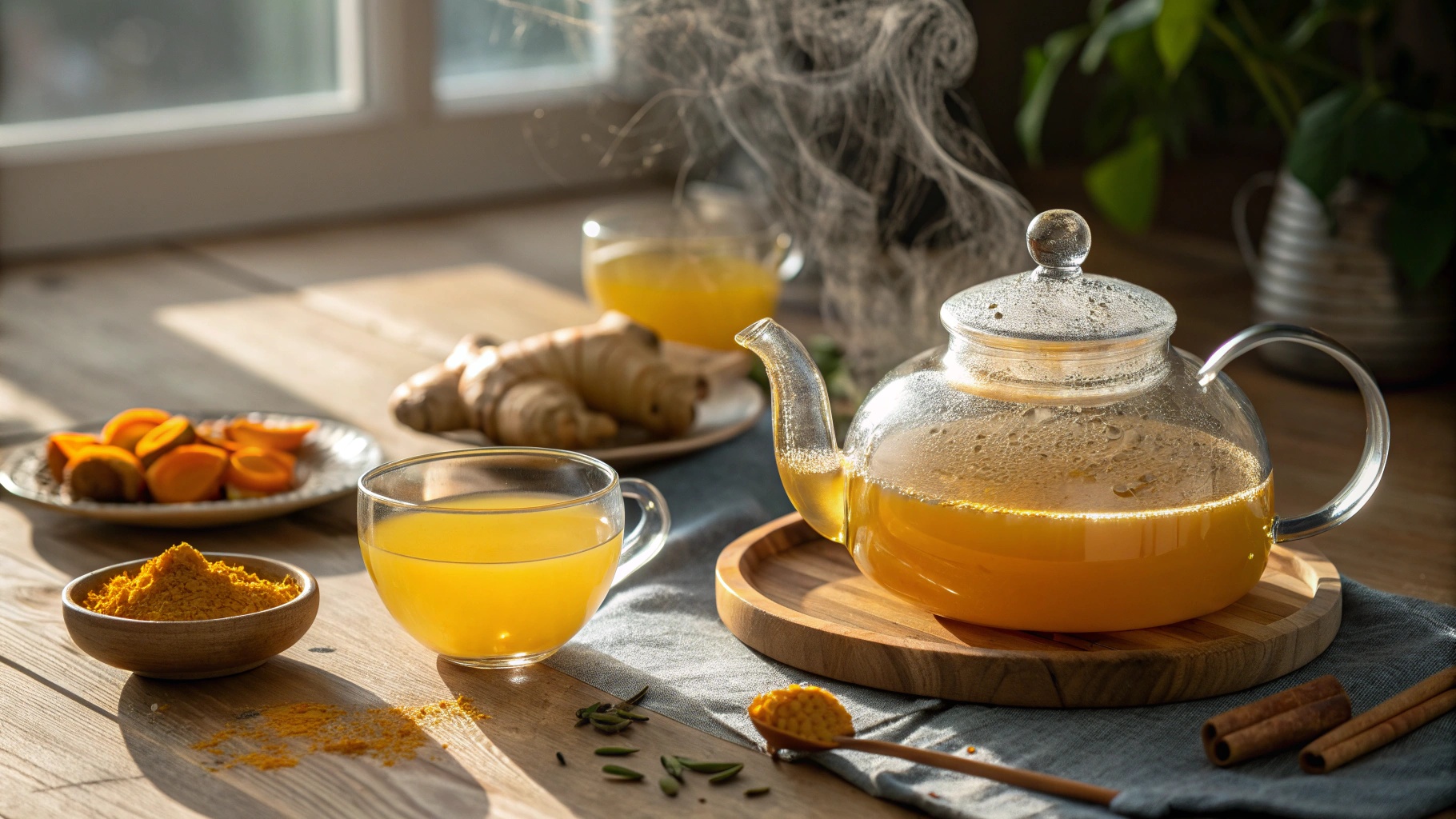 Turmeric tea brewing in glass teapot