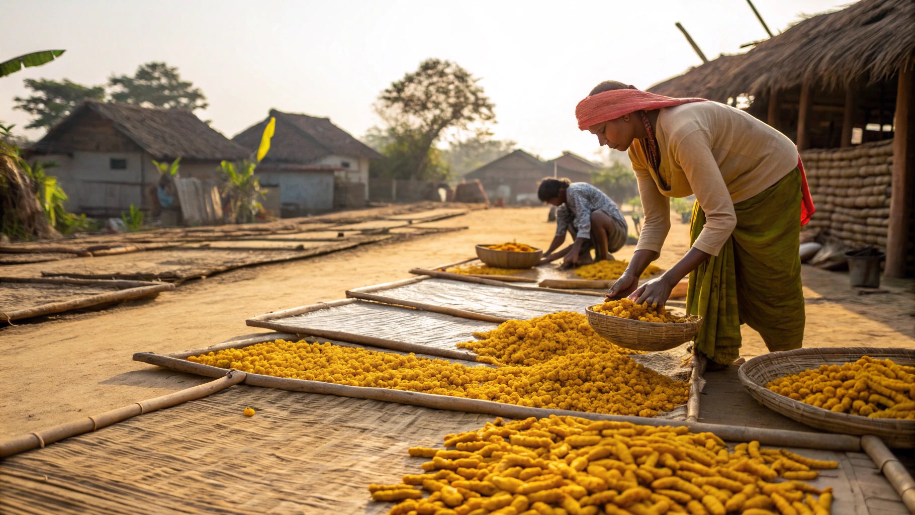 Traditional turmeric drying on bamboo mats