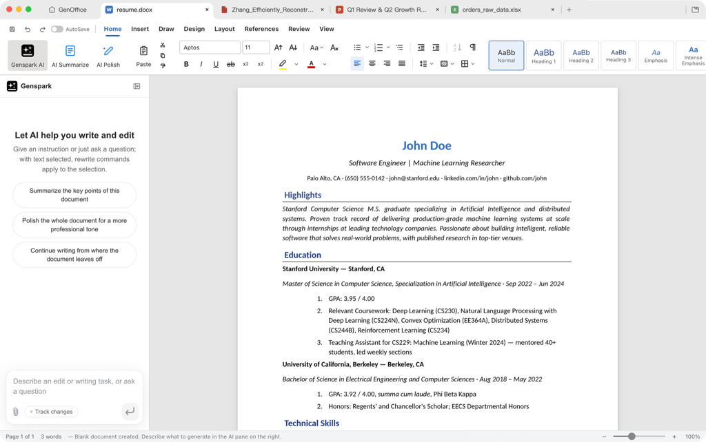 GenOffice Docs — AI drafting a resume inside the document editor