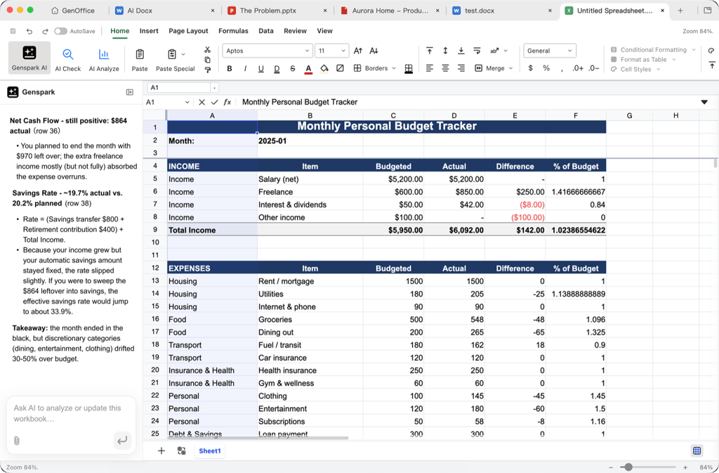 GenOffice Sheets — AI analyzing a raw sales spreadsheet