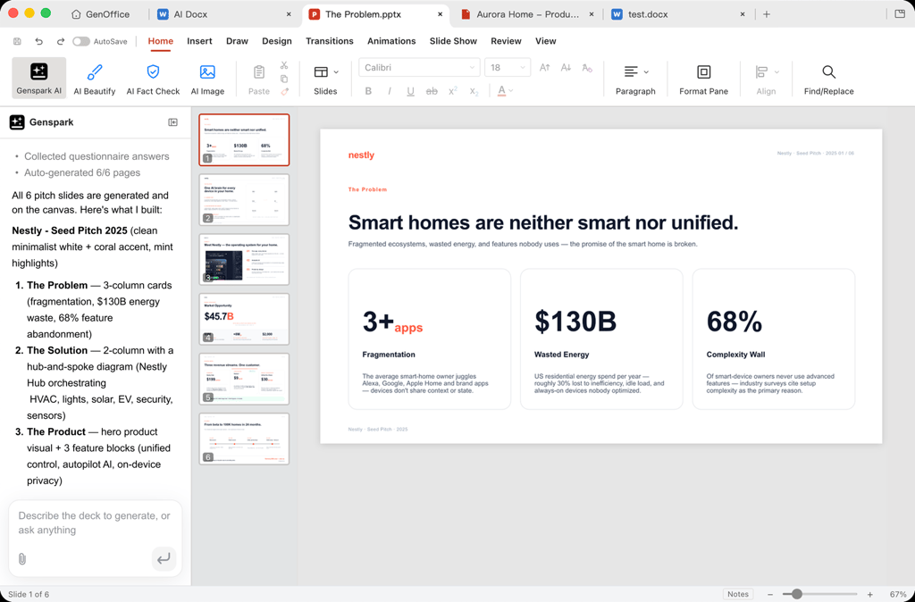 GenOffice Slides — AI generating a six-slide pitch deck for Nestly, a smart home company