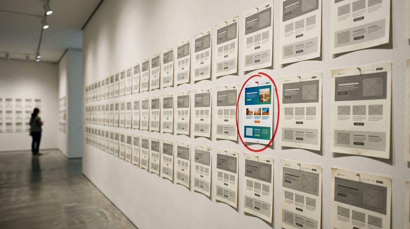 Thirty nearly identical landing page mockups pinned to a wall, with one circled in red marker — the others faded into the background
