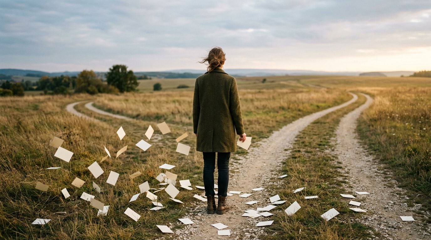 A person at a Y-shaped fork in the road, scattered paper cards on the ground around them, holding only two — walking past dozens of other reasonable choices