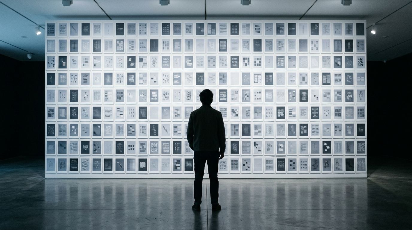 A person seen from behind, standing still before a vast wall of nearly identical printed options, hands at their sides, just looking — the discipline of choosing over making