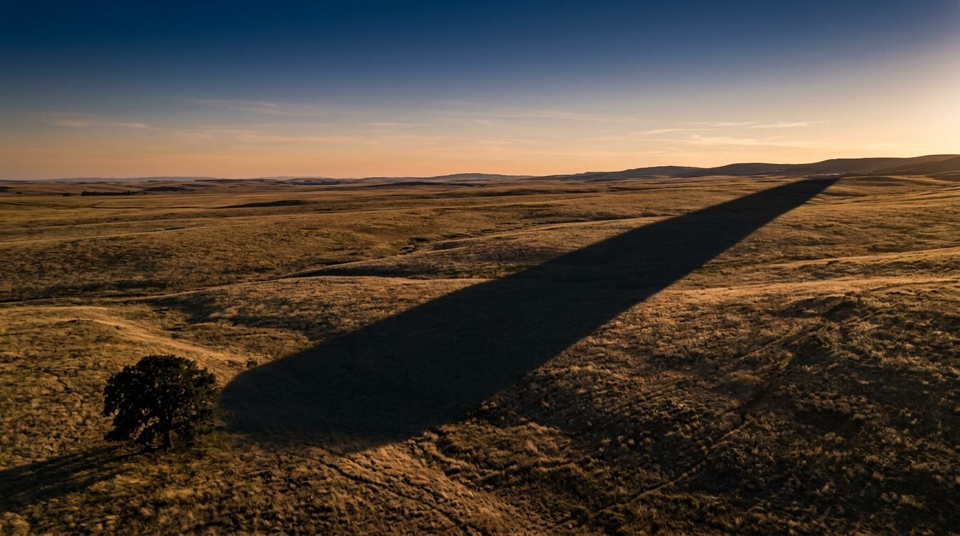 A small tree in the corner of the frame, its enormous shadow stretching diagonally across most of the landscape — the shadow far larger than the tree itself