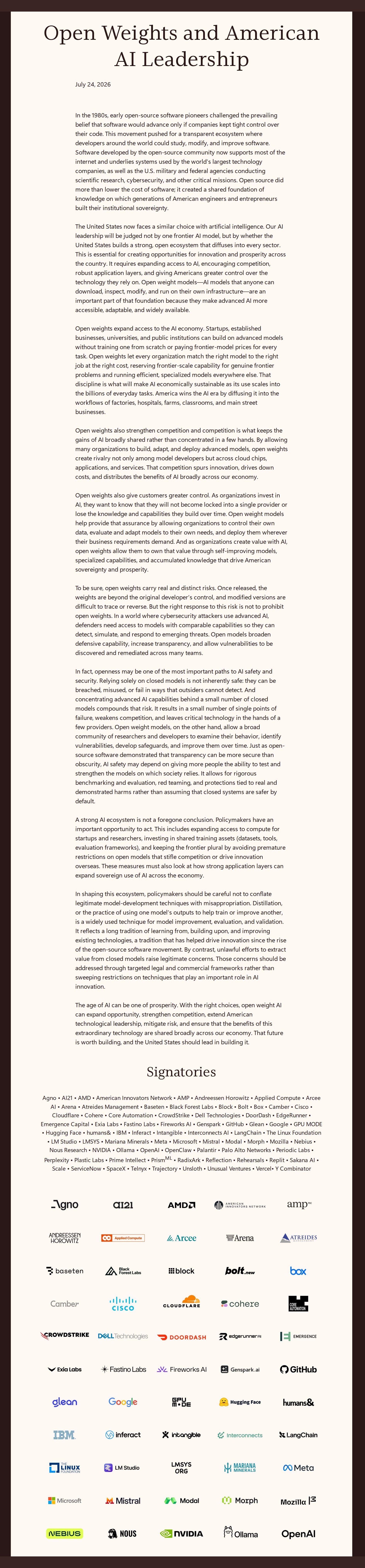 Cropped screenshot of Microsoft's Open Weights and American AI Leadership page, focused on the central document content and signatory logos.