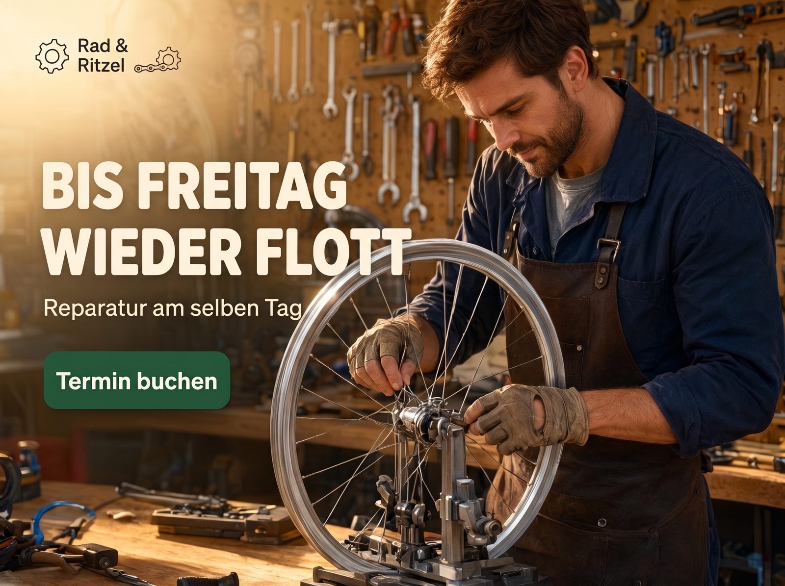 Feed-Anzeige für eine lokale Fahrradwerkstatt mit „Termin buchen“-Button
