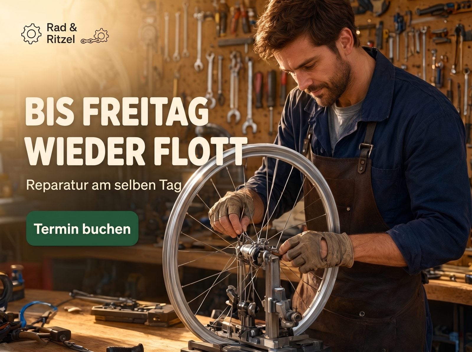 Feed-Anzeige für eine lokale Fahrradwerkstatt mit „Termin buchen“-Button