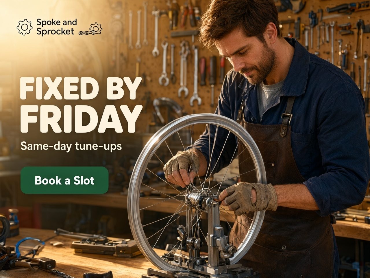 Feed ad creative for a local bike repair shop with a Book a Slot button