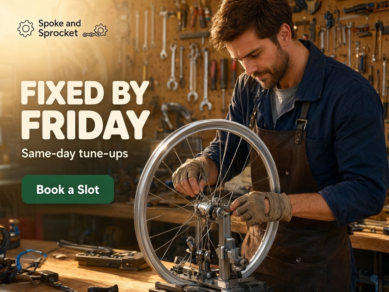 Feed ad creative for a local bike repair shop with a Book a Slot button