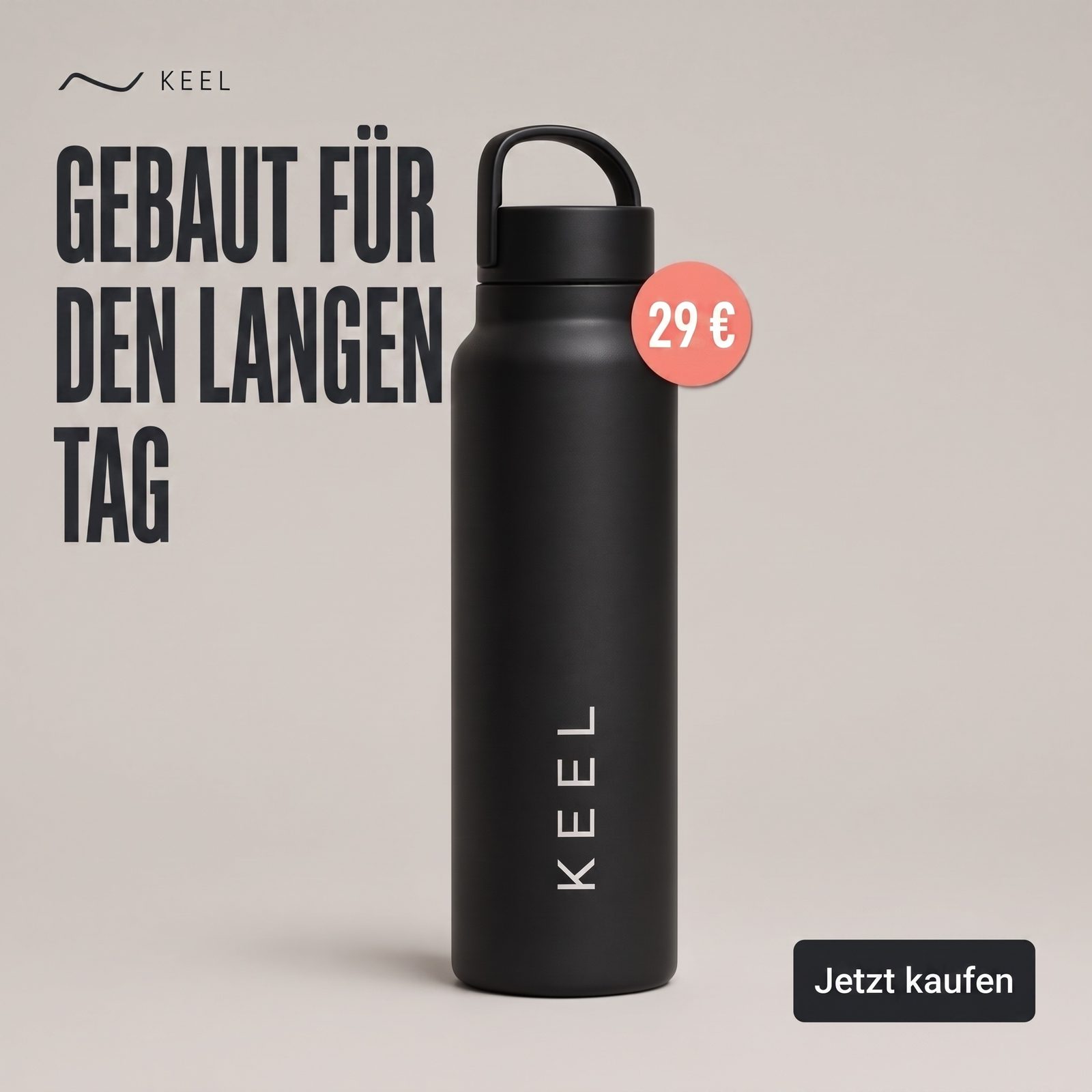 Quadratische E-Commerce-Anzeige mit Trinkflasche, Preis-Sticker und „Jetzt kaufen“-Button