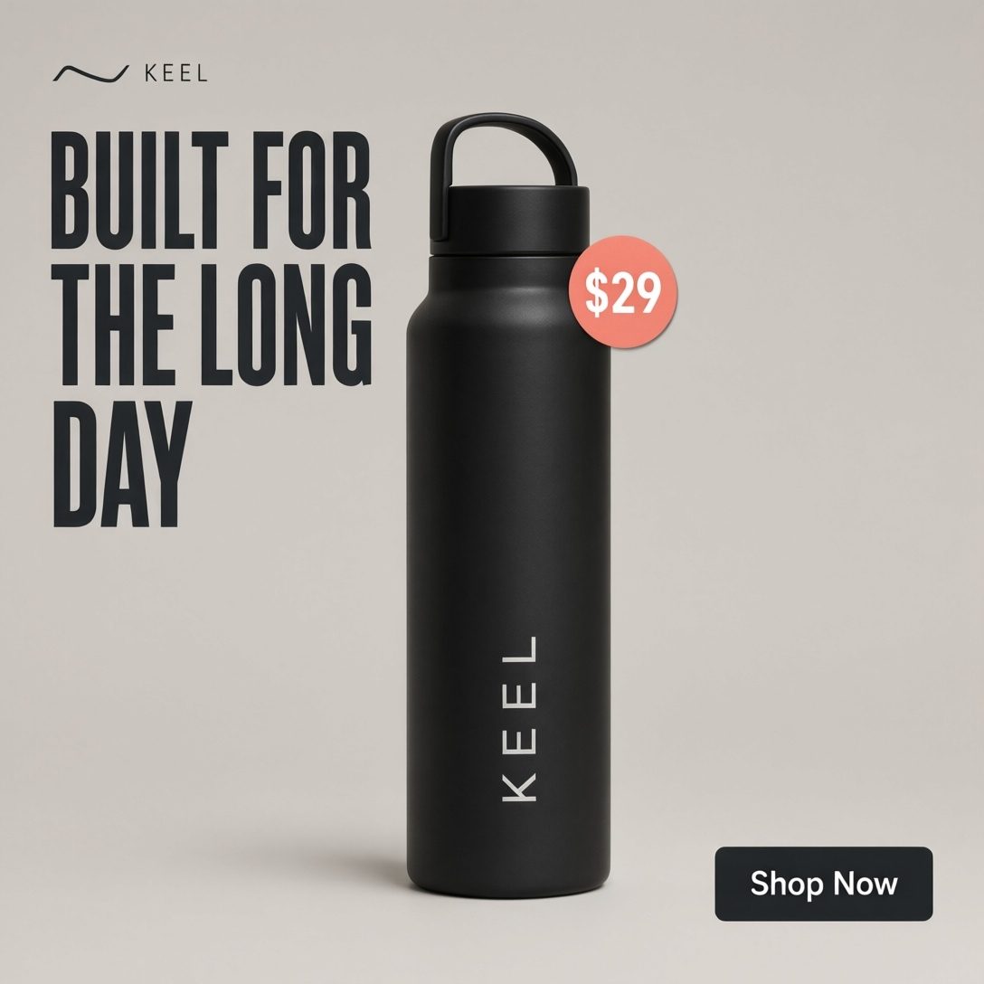Square e-commerce ad creative with a water bottle, price sticker and Shop Now button
