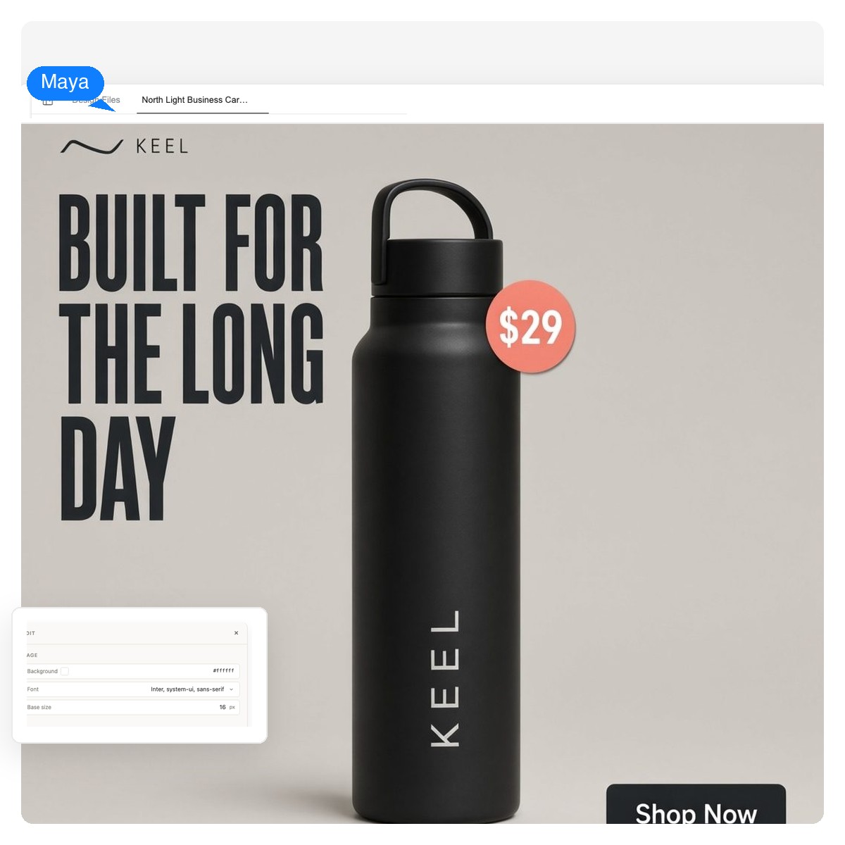 Square e-commerce ad creative with a water bottle, price sticker and Shop Now button